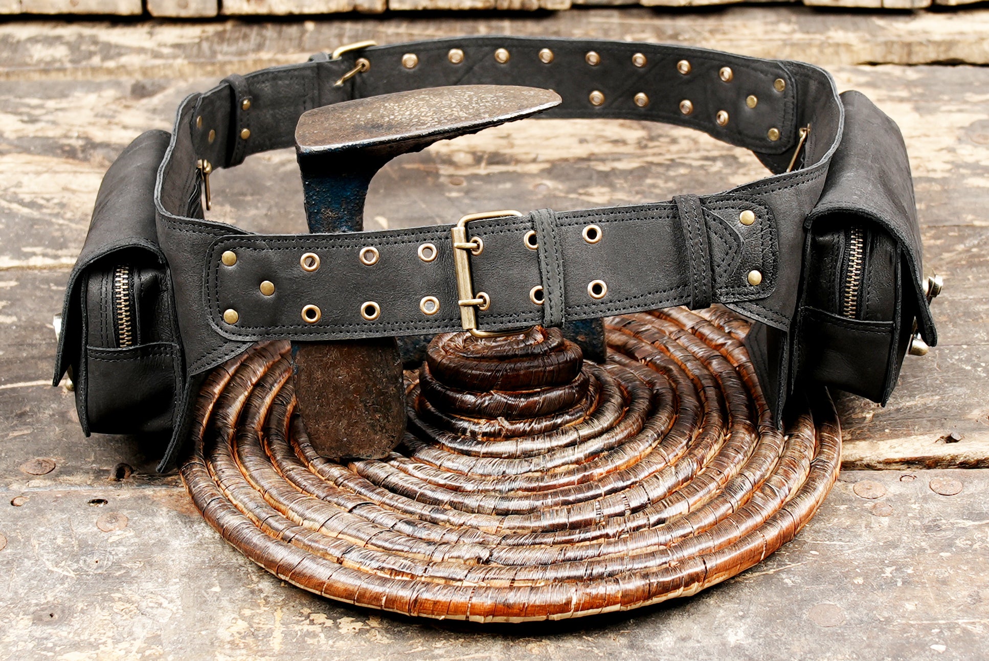 Unisex black leather hip belt with storage compartments