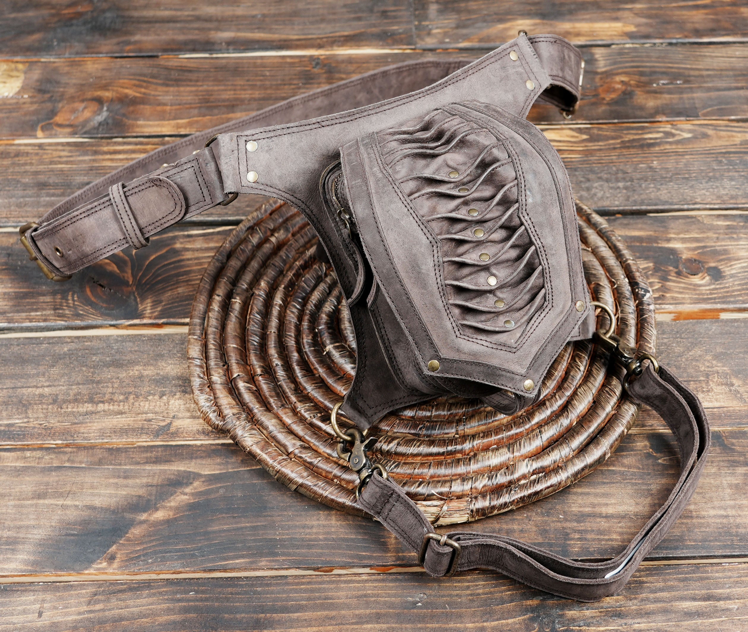 Handmade Leather Waist Thigh Belt with Textured Center Panel || Brown Leather Thigh Belt with Stitched Panel Design (LT/AB/WBTS/6013)