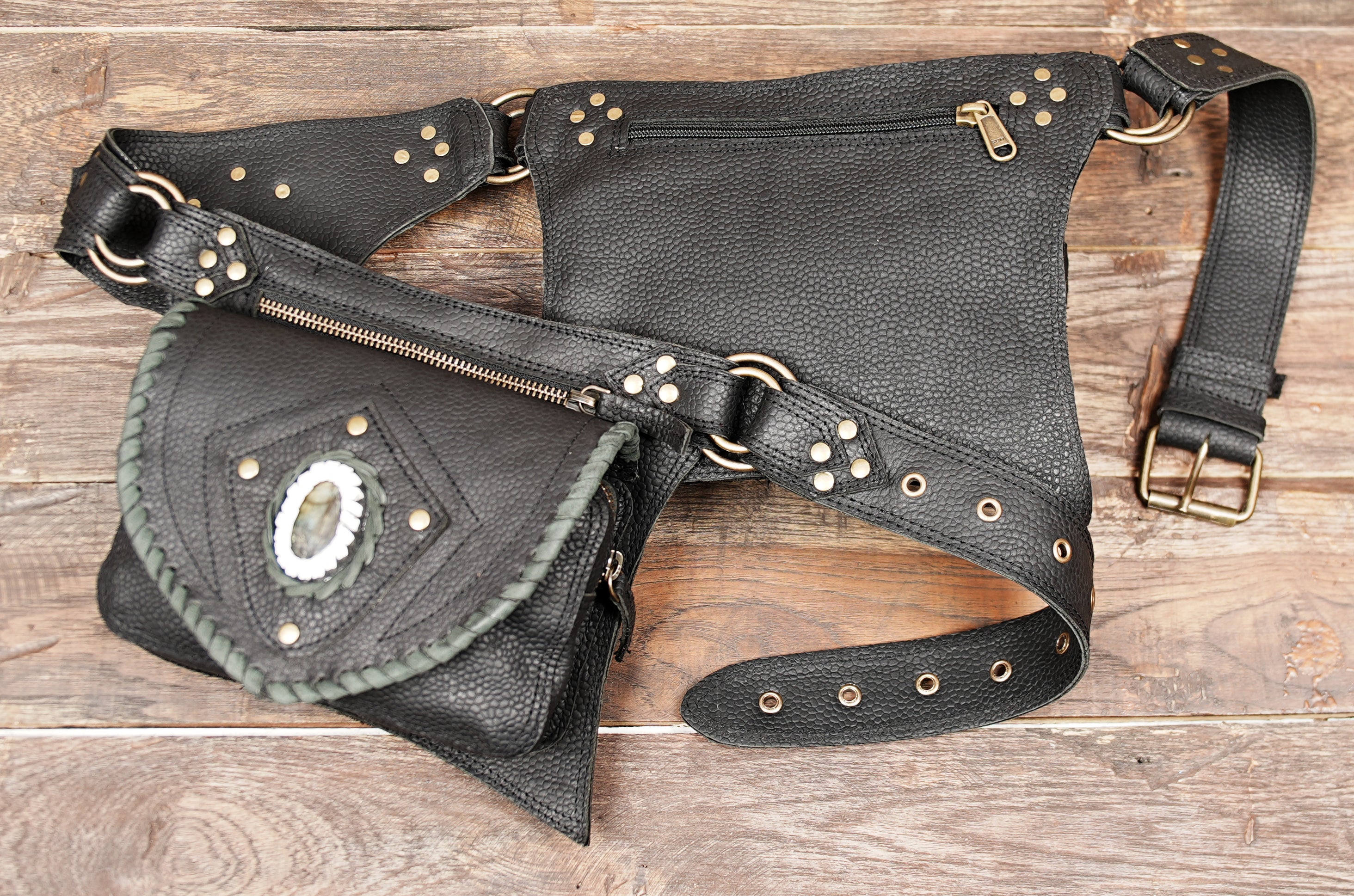 Buy Handmade Leather Belt Bag: Gemstone Accent, Festival