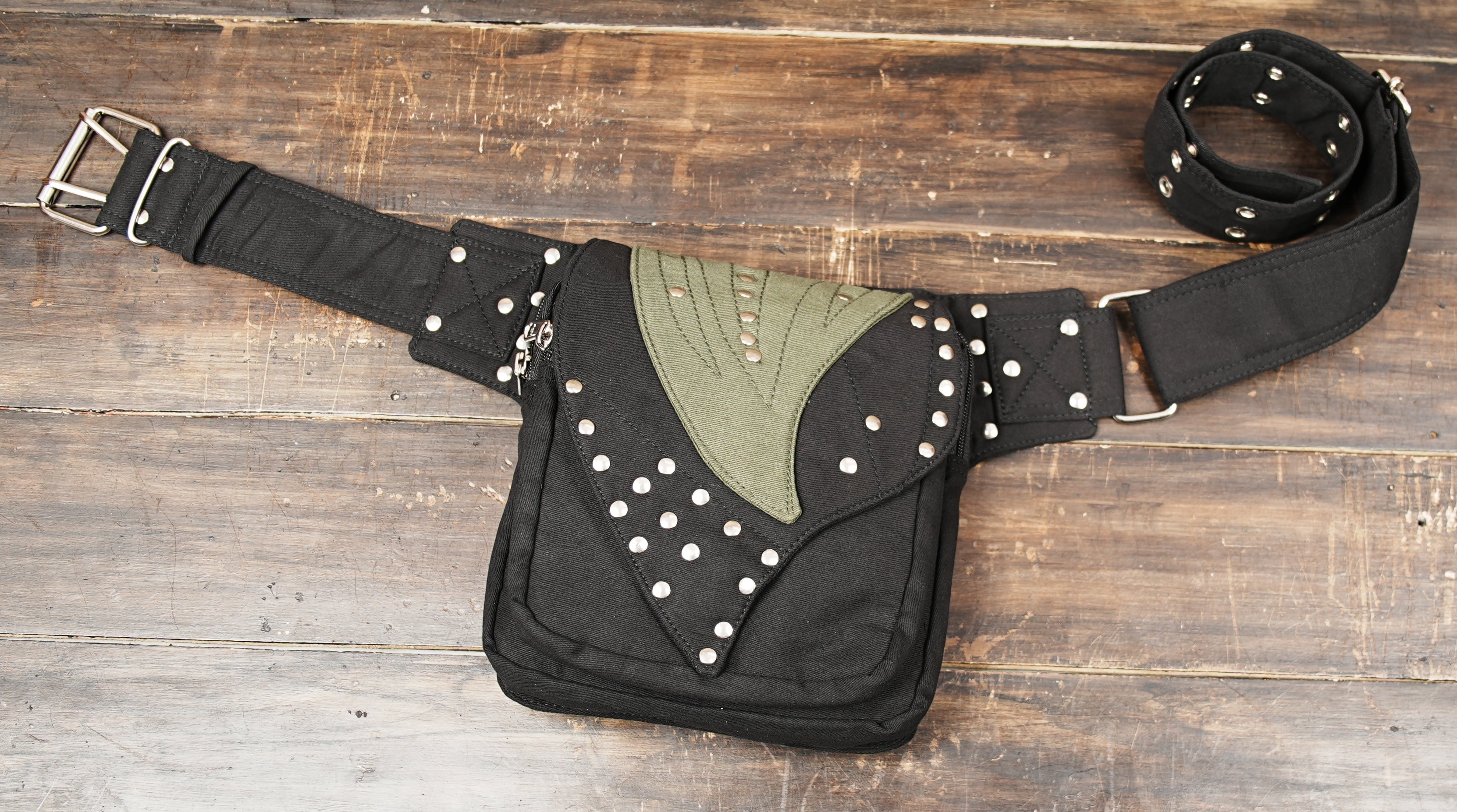 Black cotton belt pouch with studded flap design