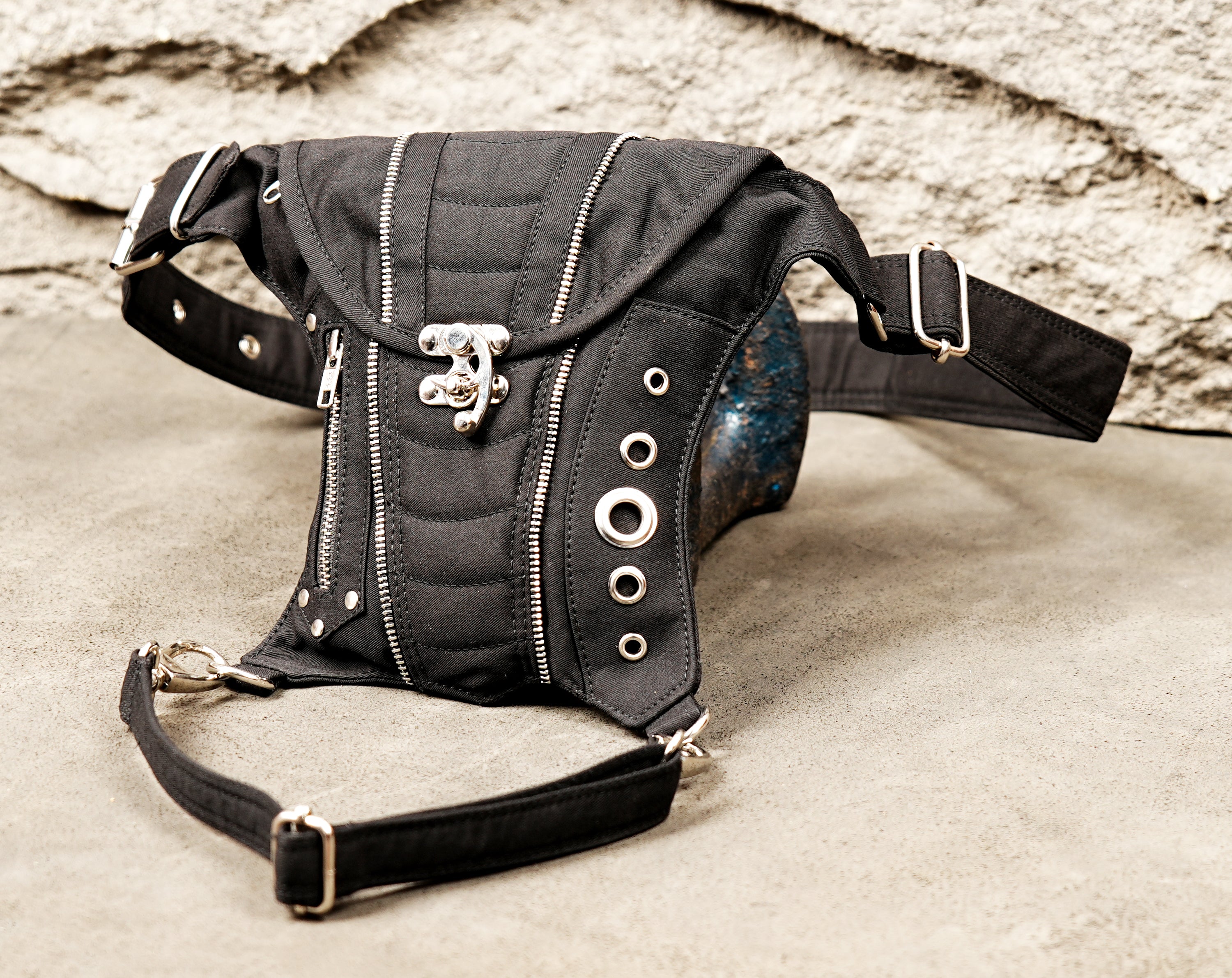 Industrial punk style black canvas drop leg bag with clasp