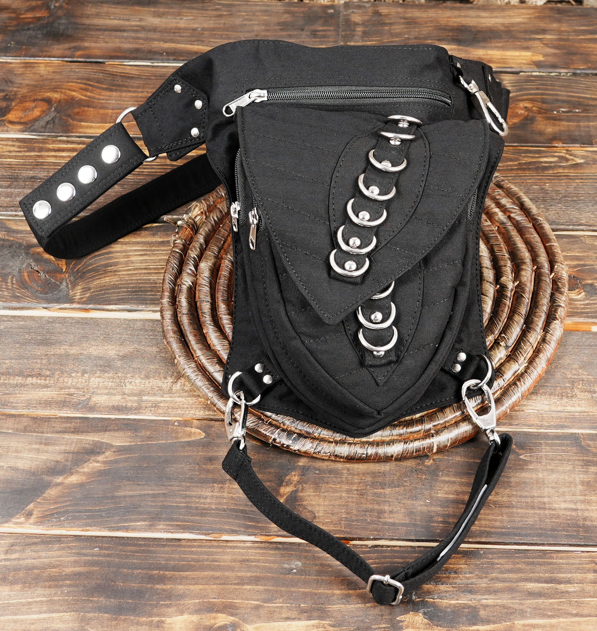 Alt fashion cotton hip belt pouch with lower leg support strap.