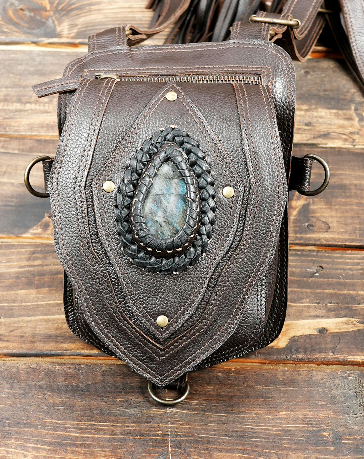 Artisan handmade leather festival holster with two pouches