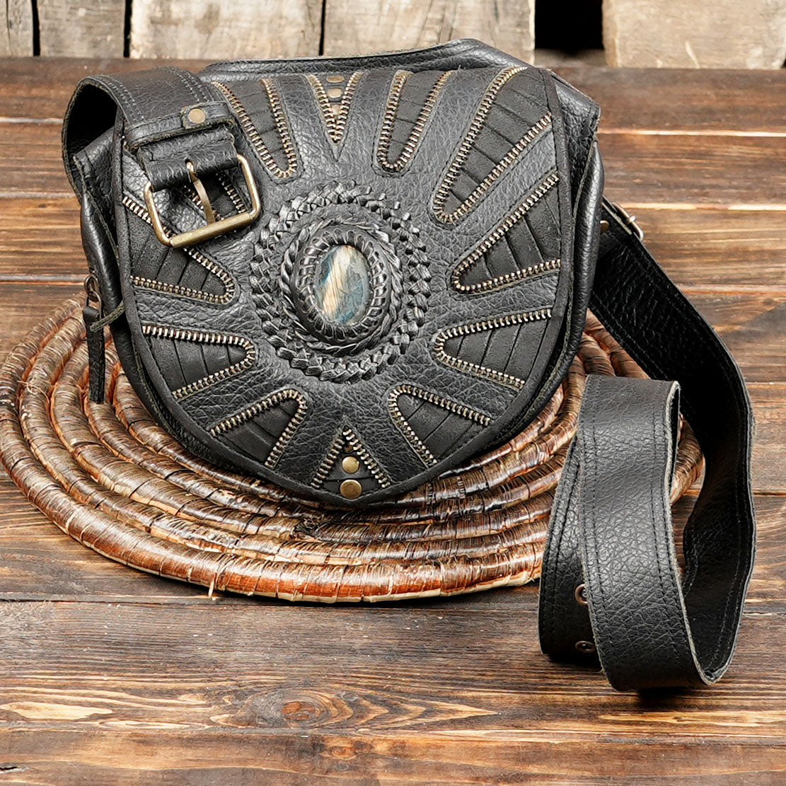 Handmade Leather Belt Bag: Gemstone Fanny Pack, Boho Festival Style with locker 