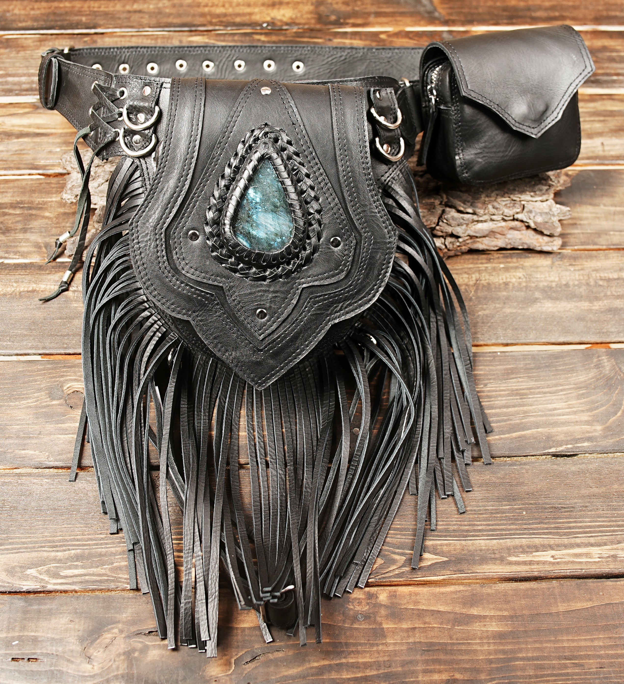 Handmade Leather Festival Fanny Pack: Gemstone Fringe Hip Bag with small pocket 