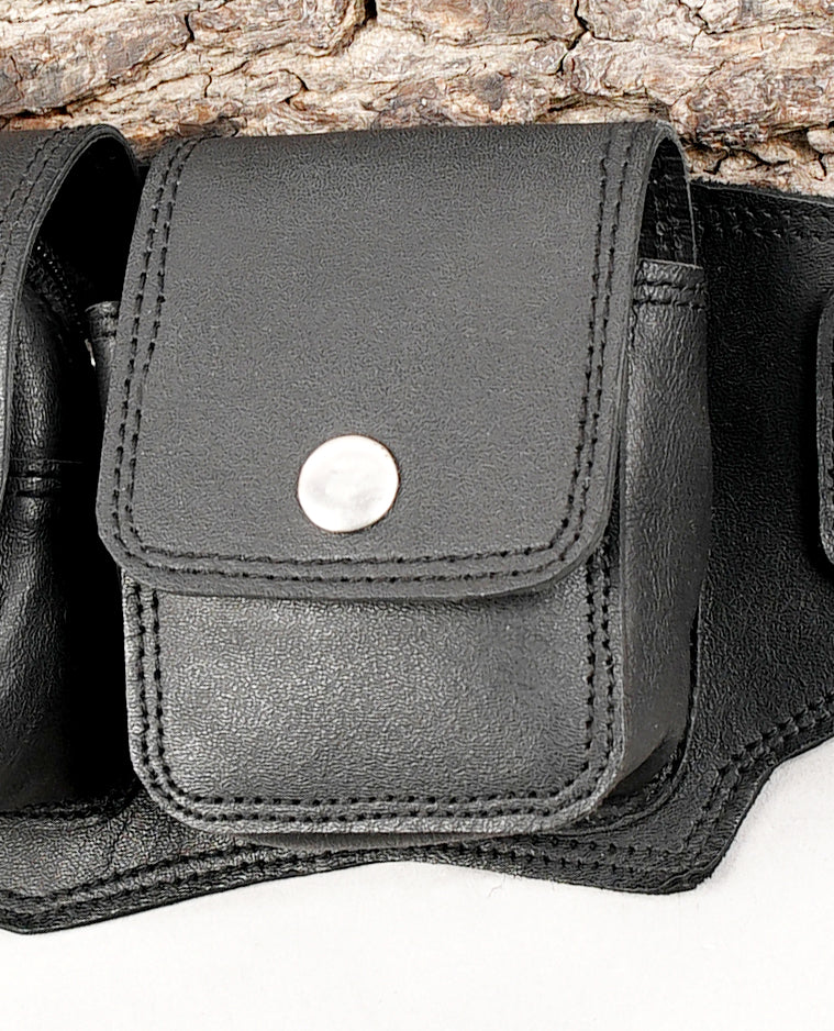 Leather waist belt bag with reinforced stitching and metal snaps