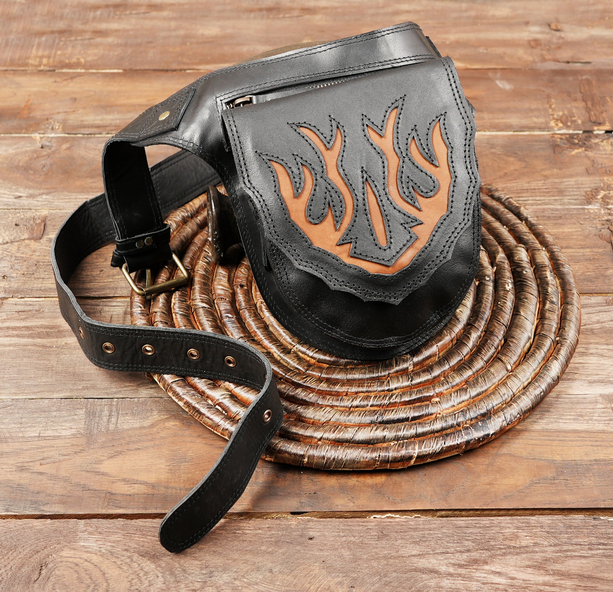 Hip bag, Leather bag biker, Leather Belt Pouch, motorcycle bag, biker bag, Black Leather Hip Holster with light brown color combination and front zipper 