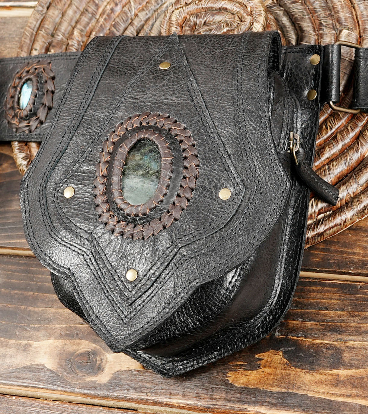 Handmade Black Tribal Leather Waist Belt with labradorite gemstone – Gothic Boho Hip Bag with Stone Accents  (LT-AB-WB-6080)