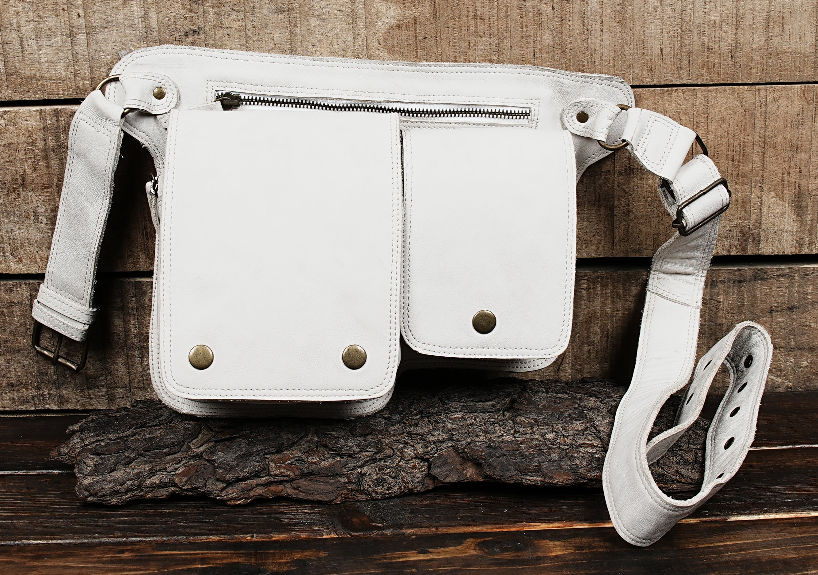 Back view of white leather waist bag with zipper pocket