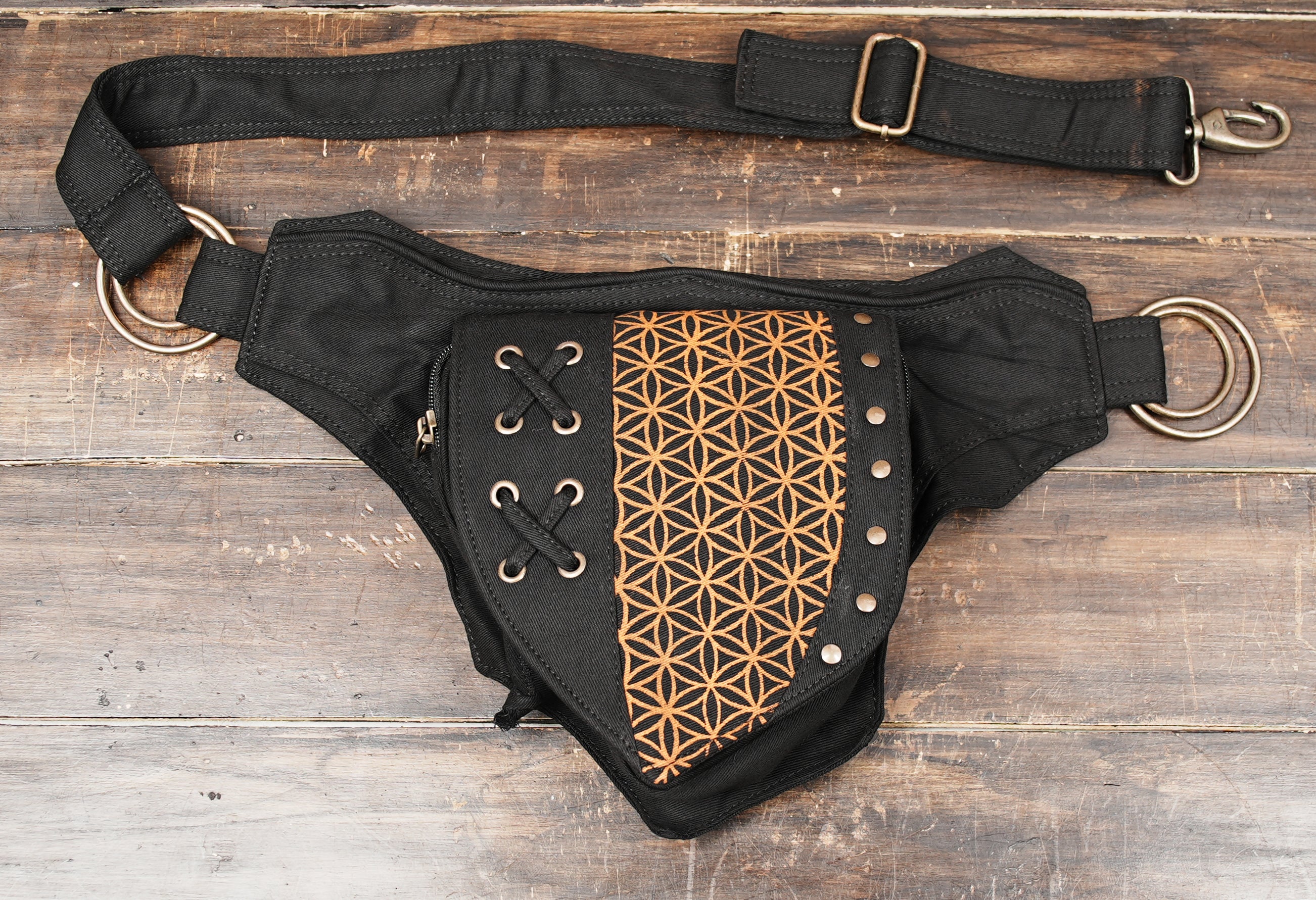 Sacred Geometry Waist Pouch in Black Cotton for Travel and Everyday Carry