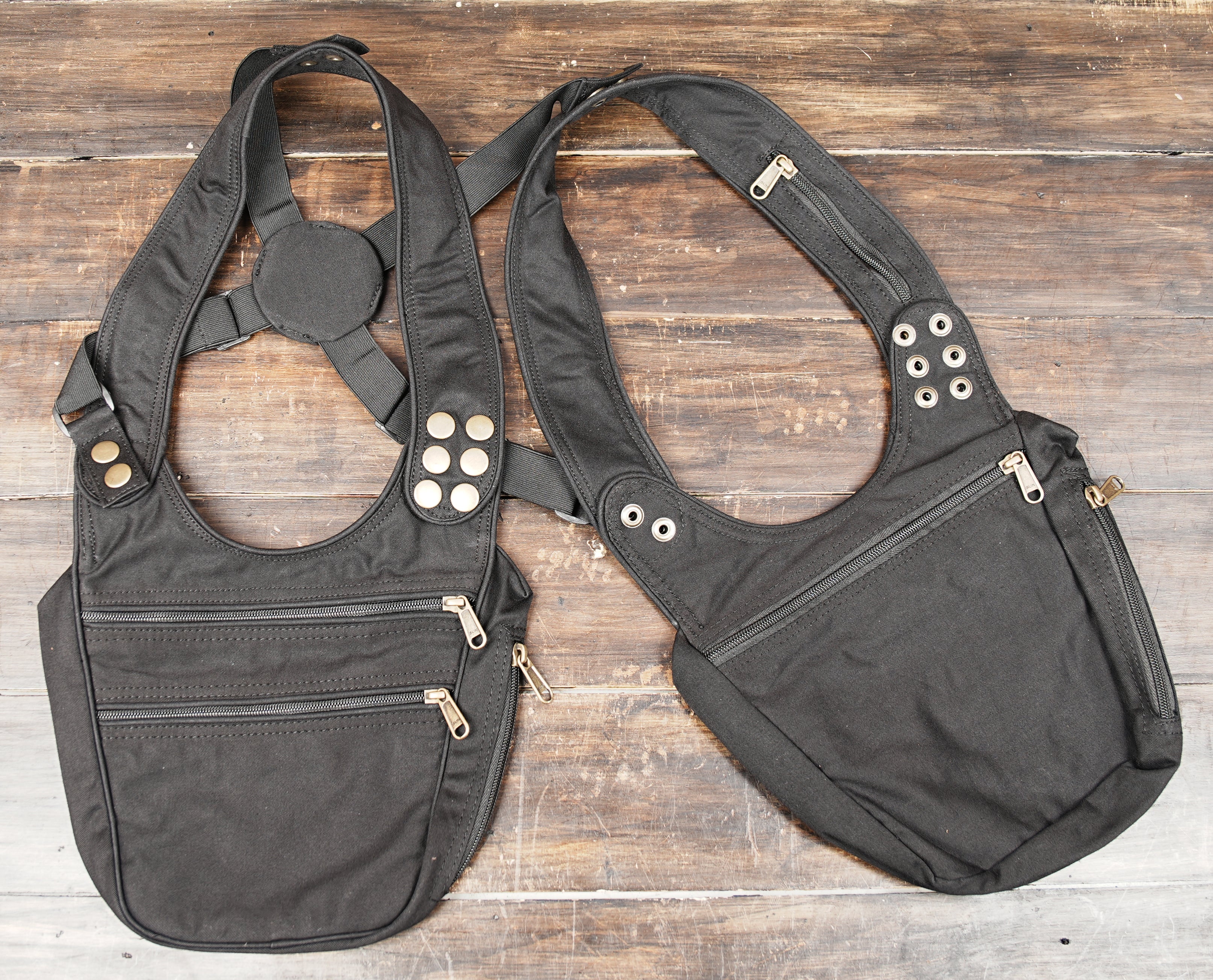 Adjustable utility chest rig bag with antique brass hardware