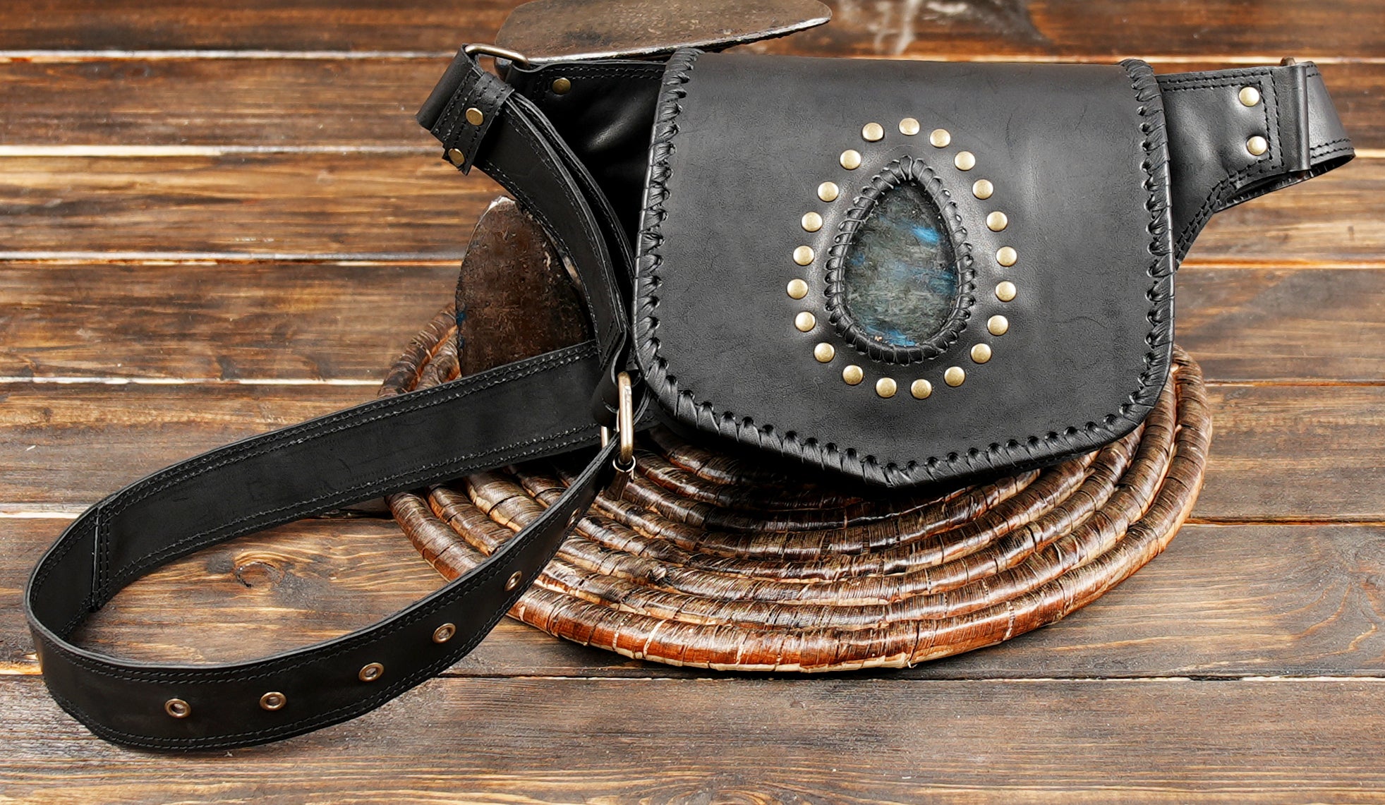 Buy Handmade Leather Belt Bag: Gemstone Fanny Pack, Boho Festival Style Online in USA