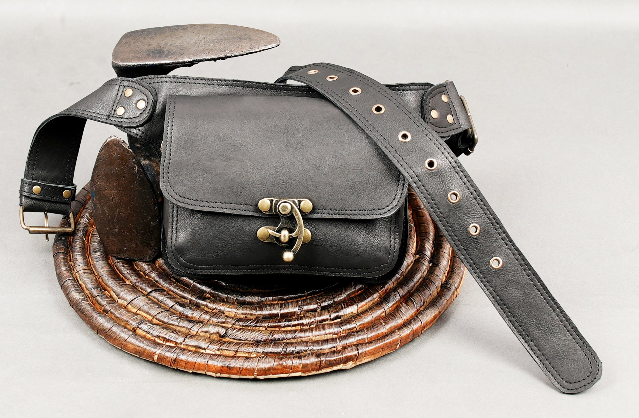 Unisex black leather utility belt bag with brass hardware