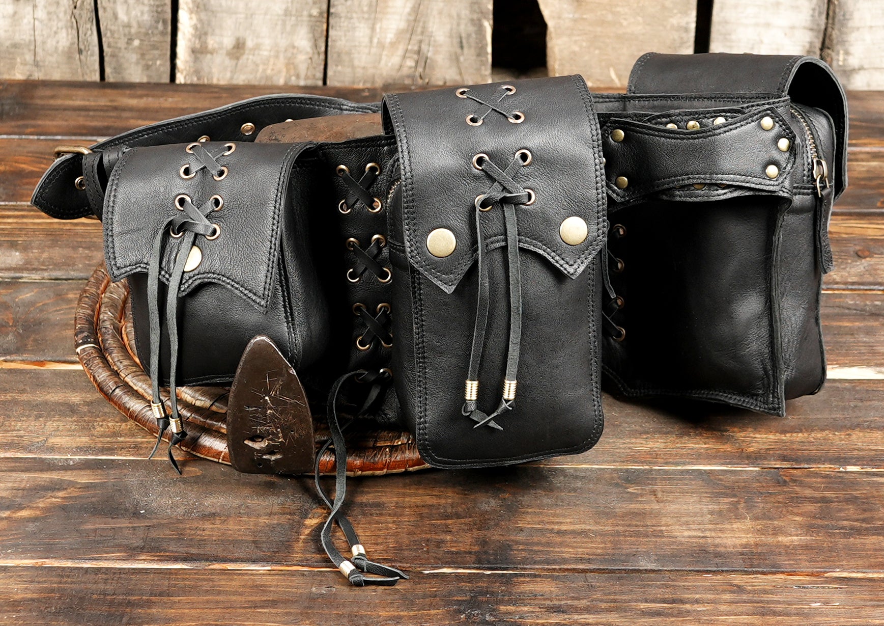 Black leather travel waist bag for outdoor festivals