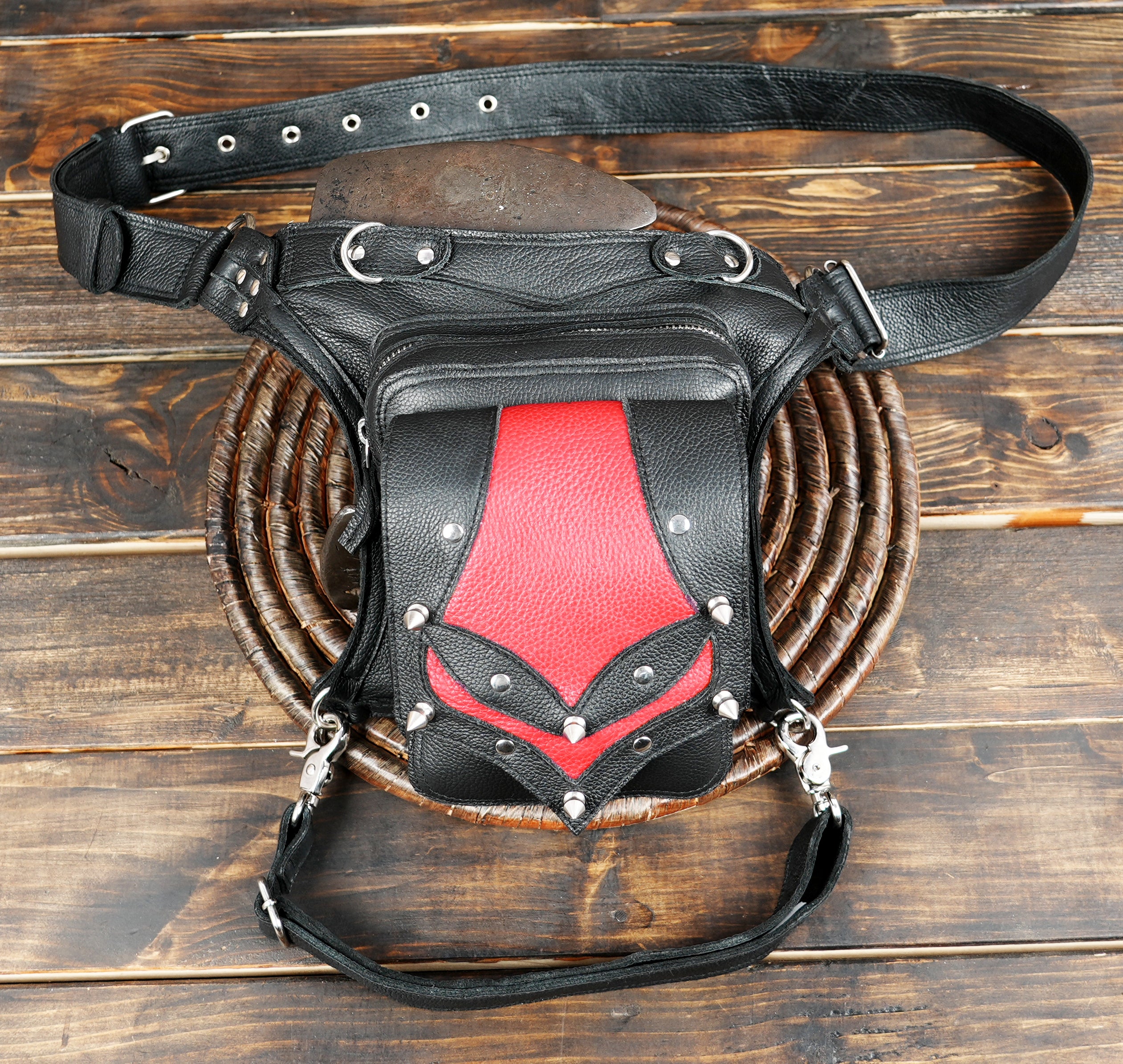 Unisex leather waist pack with red front panel for cosplay or biker wear