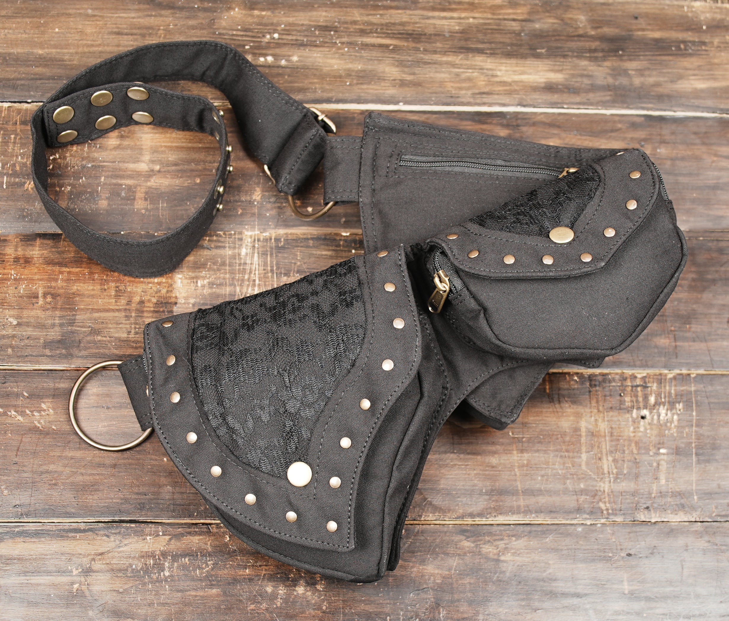 Dark lace accented utility belt pouch with three secure zip and snap pockets