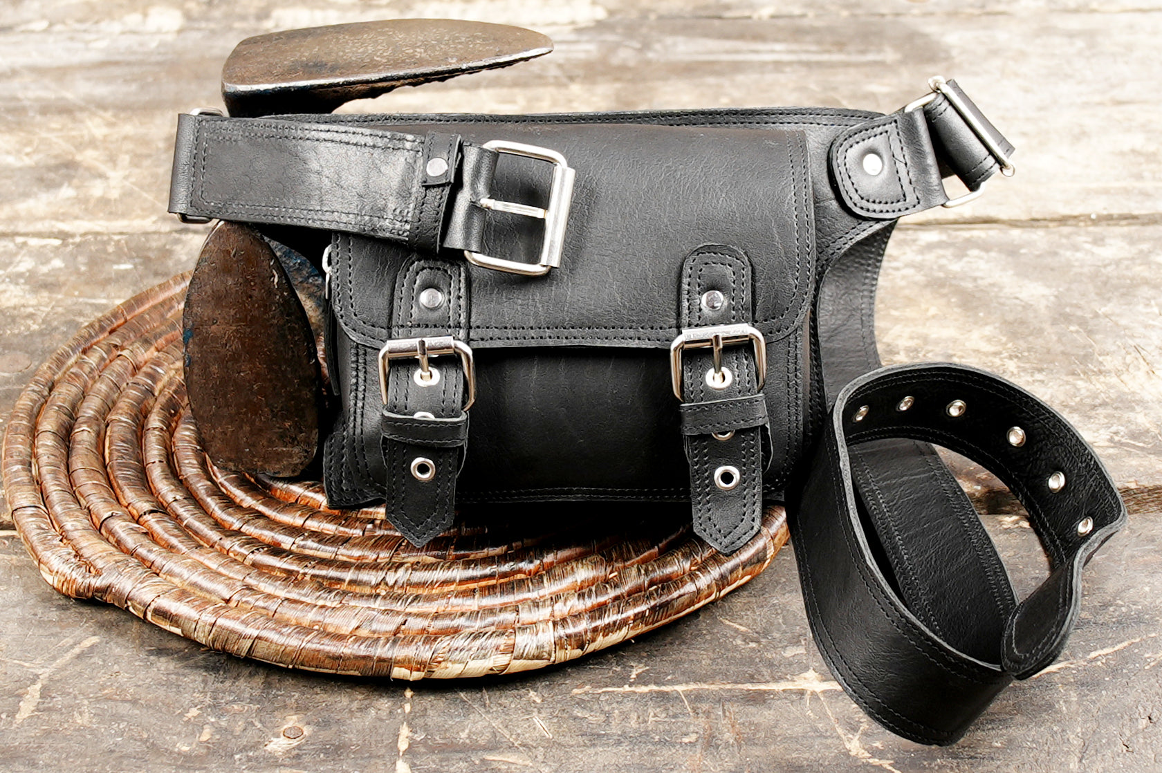 Handmade Black Leather Waist Belt with Front Utility Pouch || Genuine Leather Waist Belt Bag with Adjustable Strap (LT/NS/WB/6020)