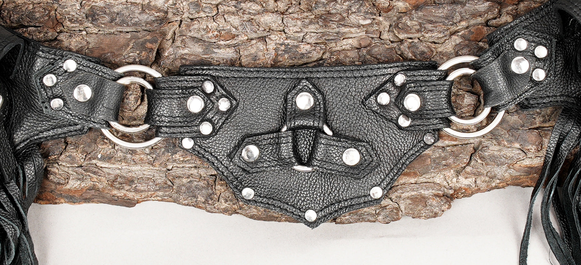 Leather waist belt bag with dual front pouches and tassels