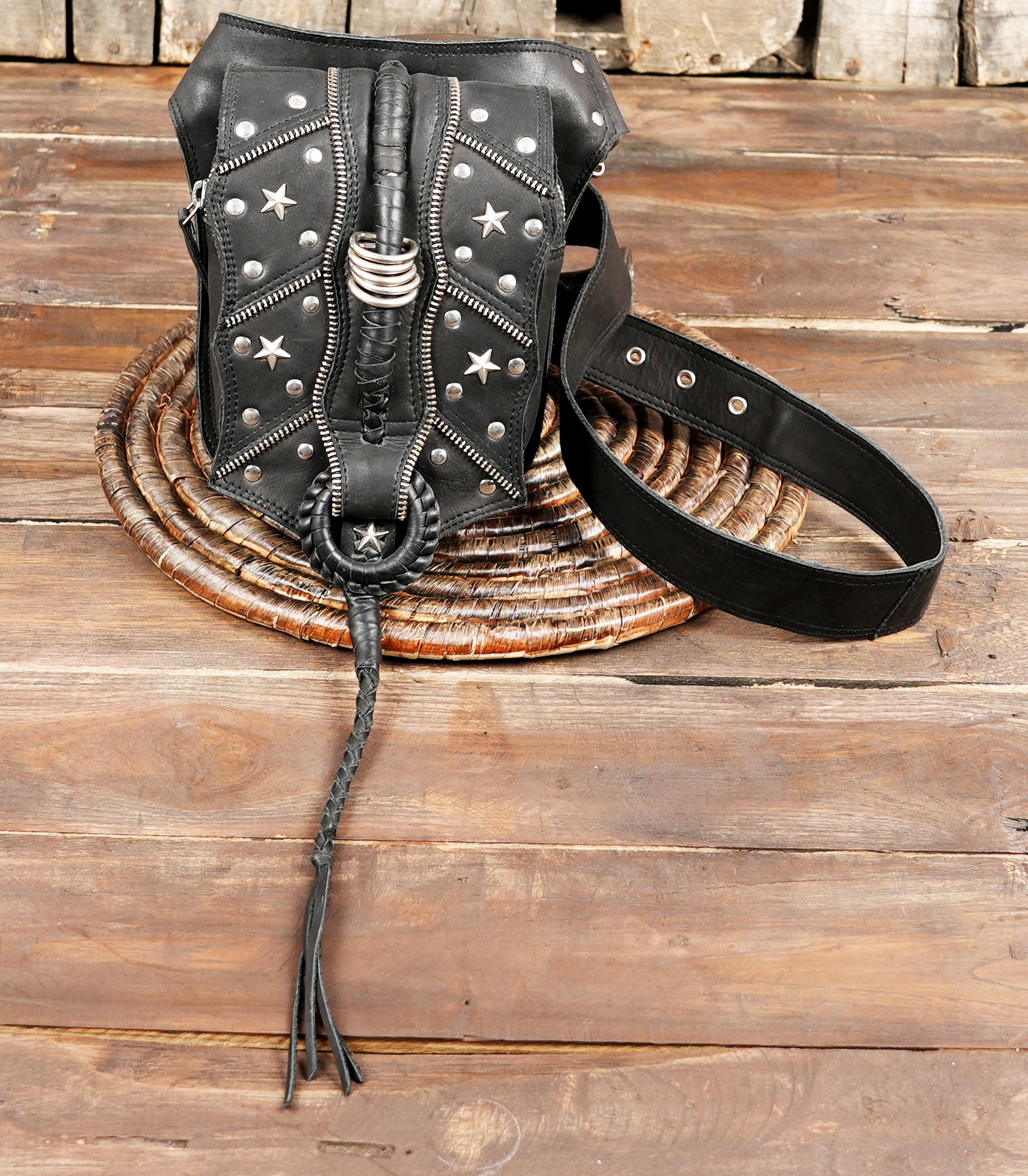 Handmade Leather Hip Bag: Festival Utility Belt with Studs with steel star 