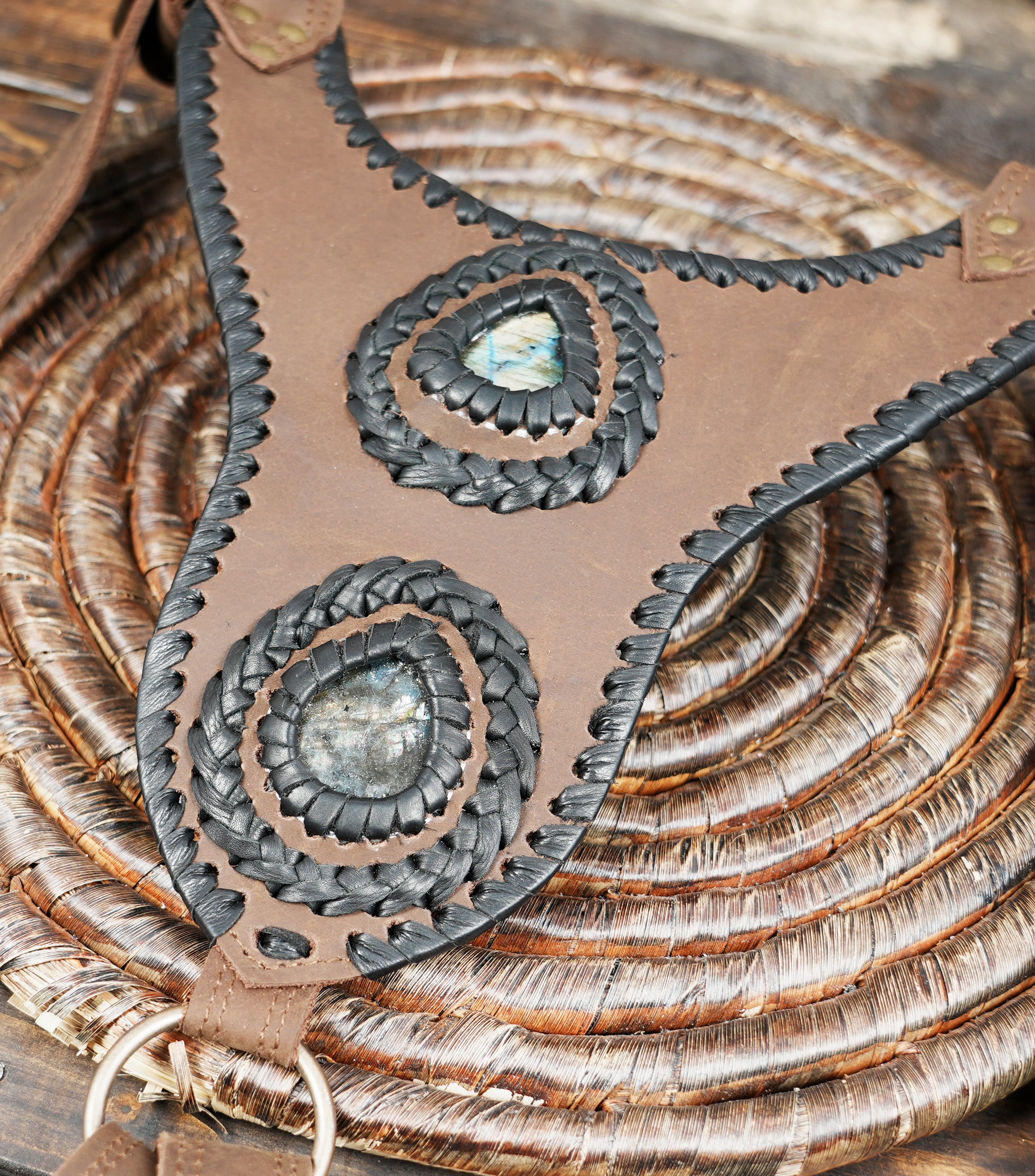 Tribal style leather chest rig with decorative stone panels