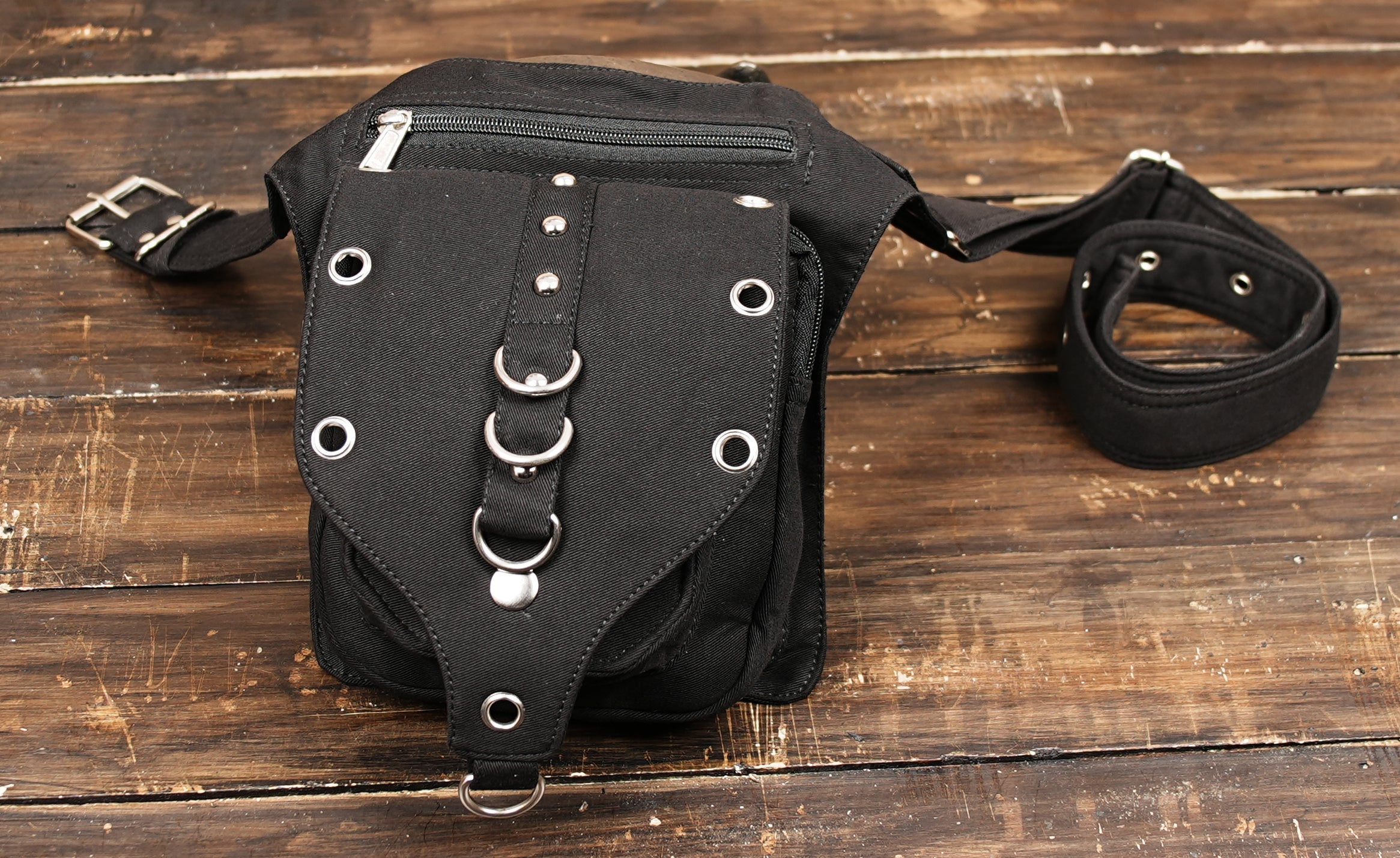 Handmade cotton waist and thigh bag with gothic details