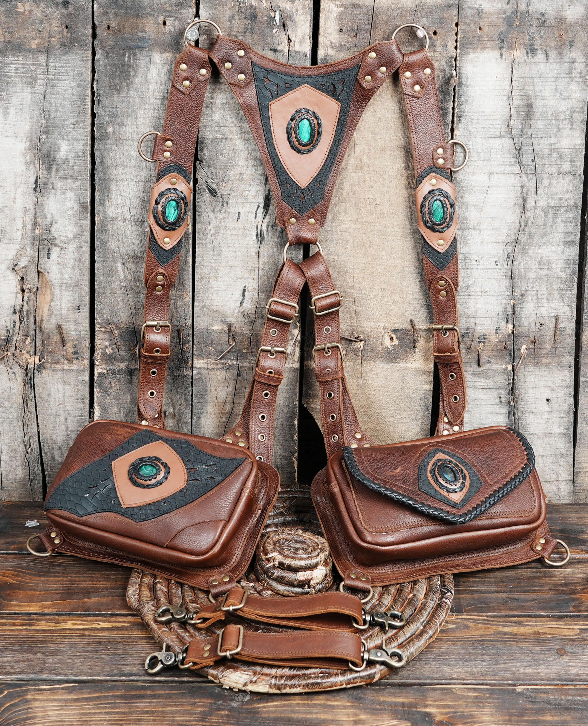 Leather Holster With Labradorite Gemstone, Antique Brass