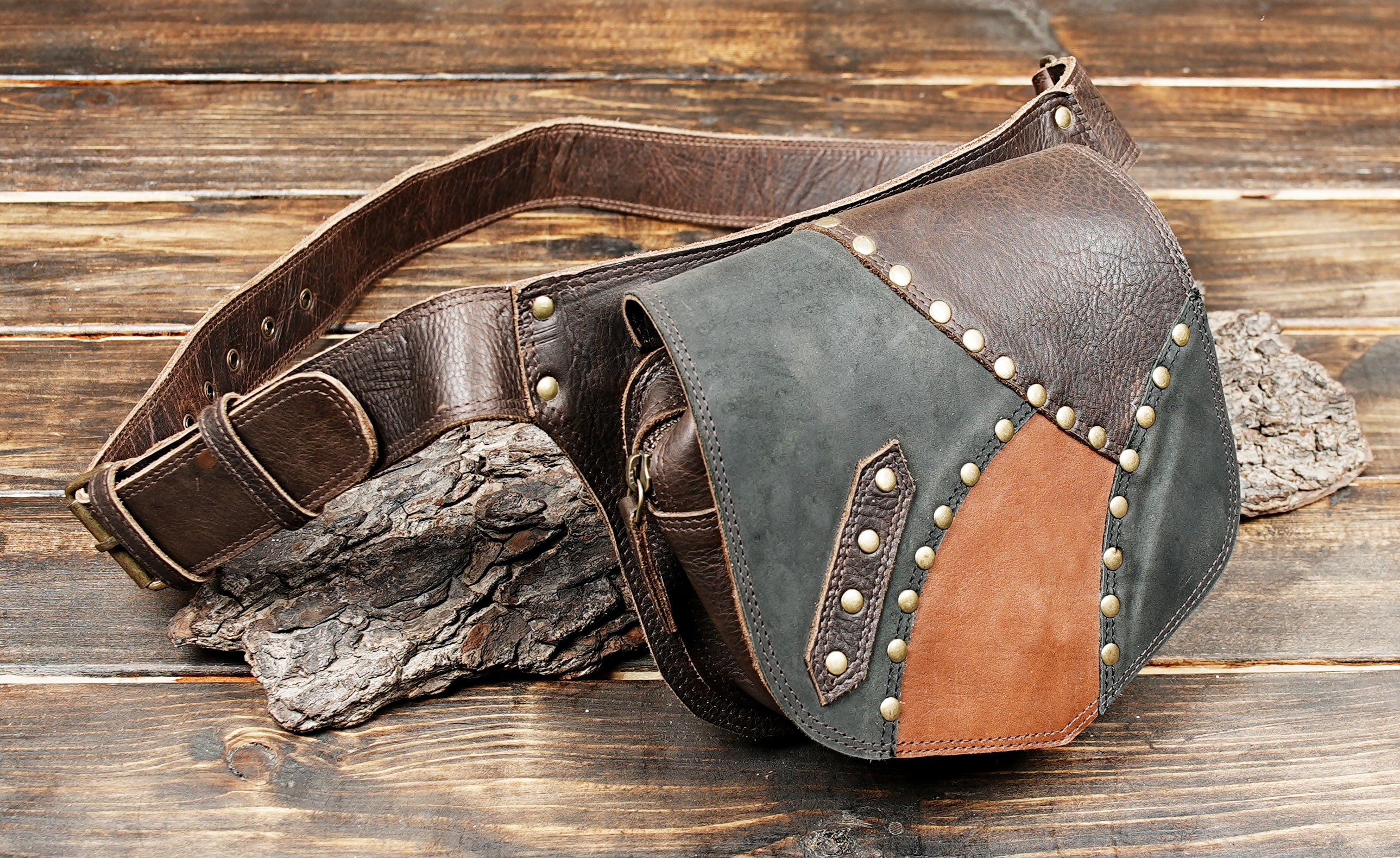 Durable handmade patchwork belt bag with secure flap closure