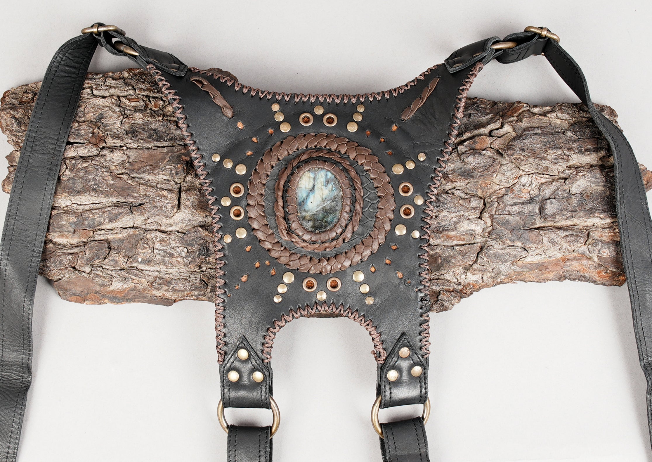 Festival leather holster harness with gemstone and metal accents