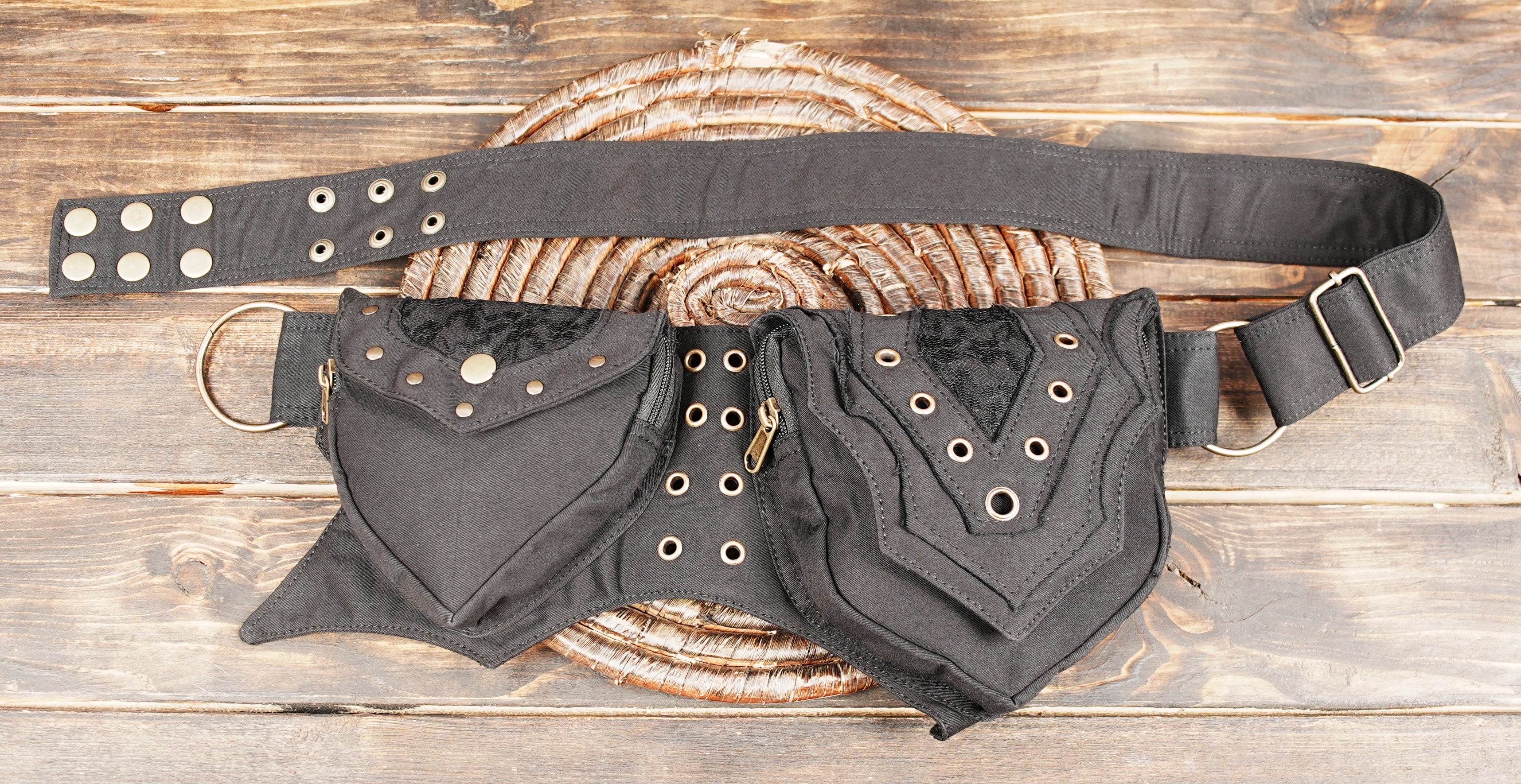 Handmade black cotton hip pouch with two secure zipper compartments