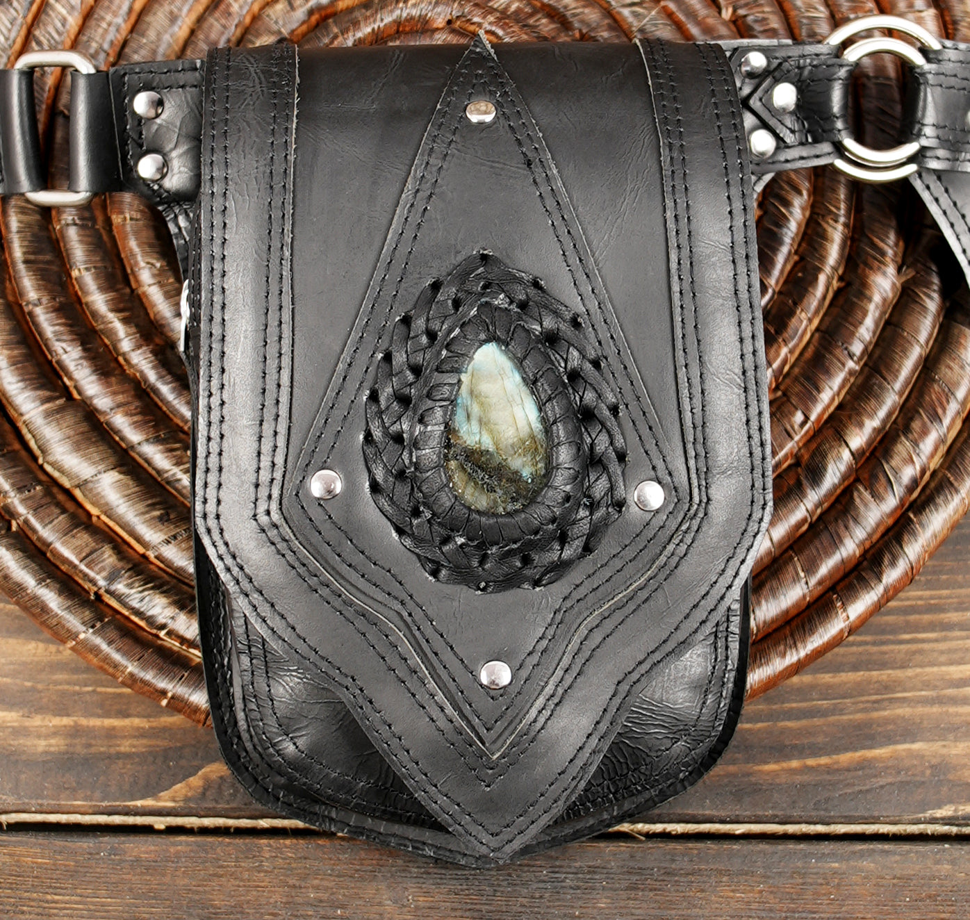 Leather waist belt bag with dual pouches for hands free carry