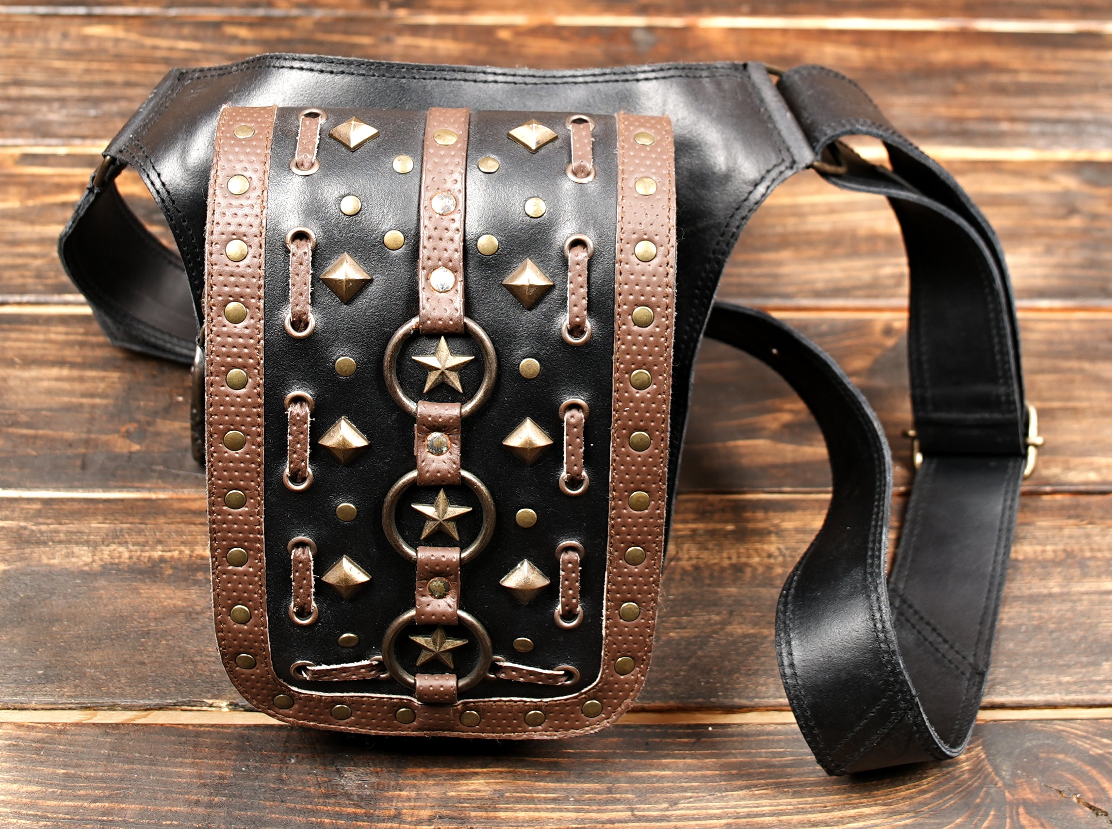 Festival cosplay leather belt bag with brass studs