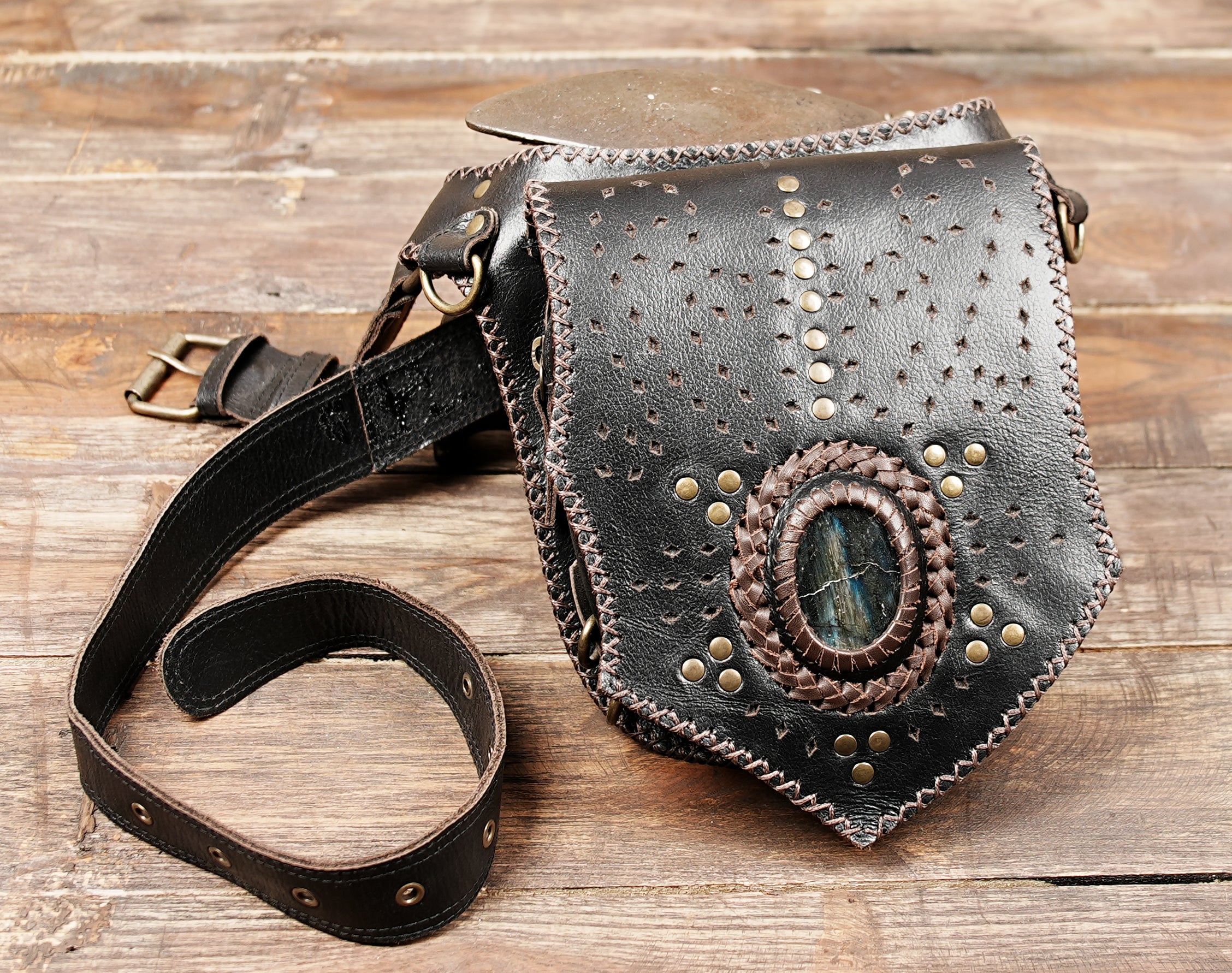 Black leather utility waist belt with gemstone accent