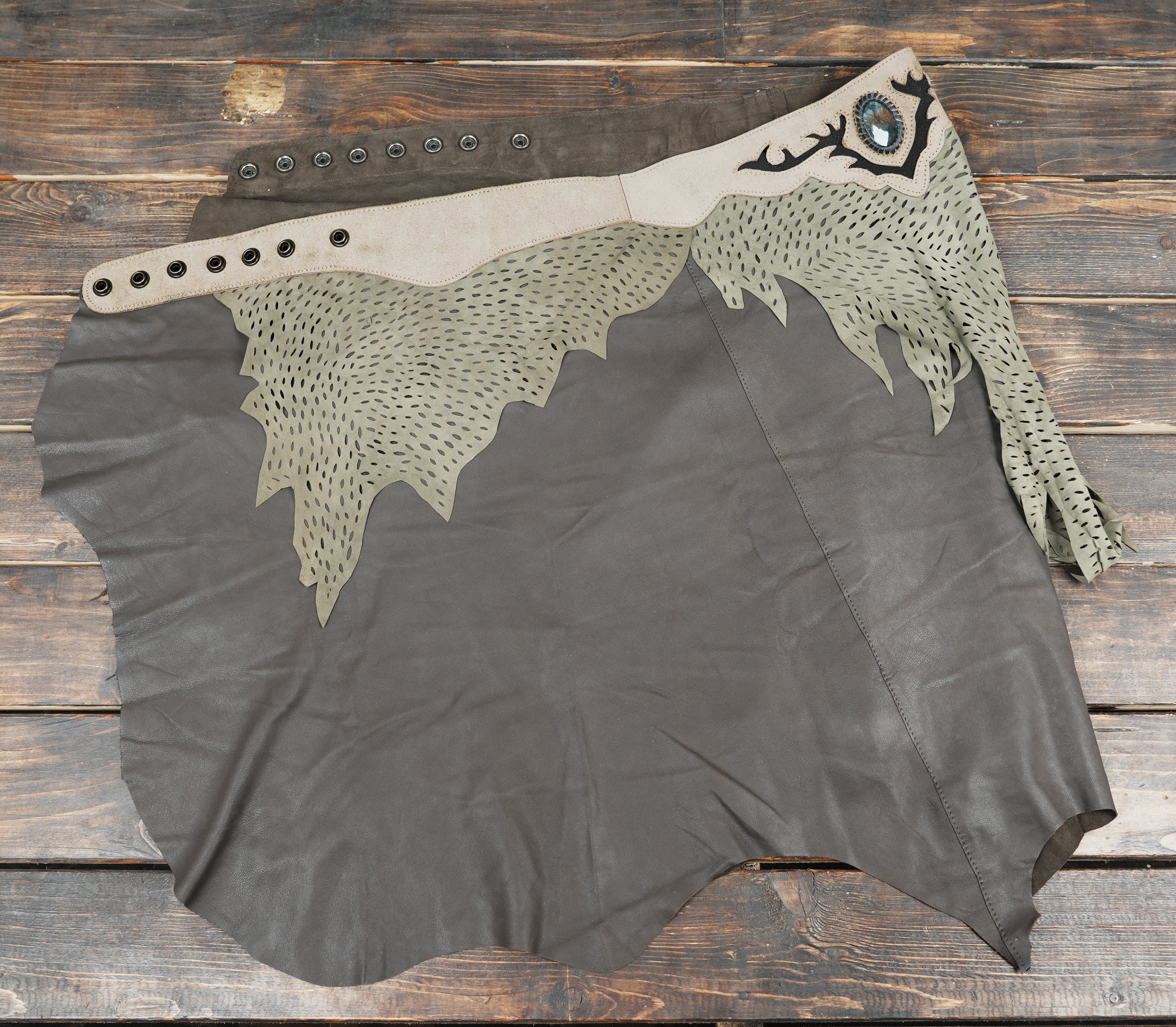 Brown and green leather skirt for costumes