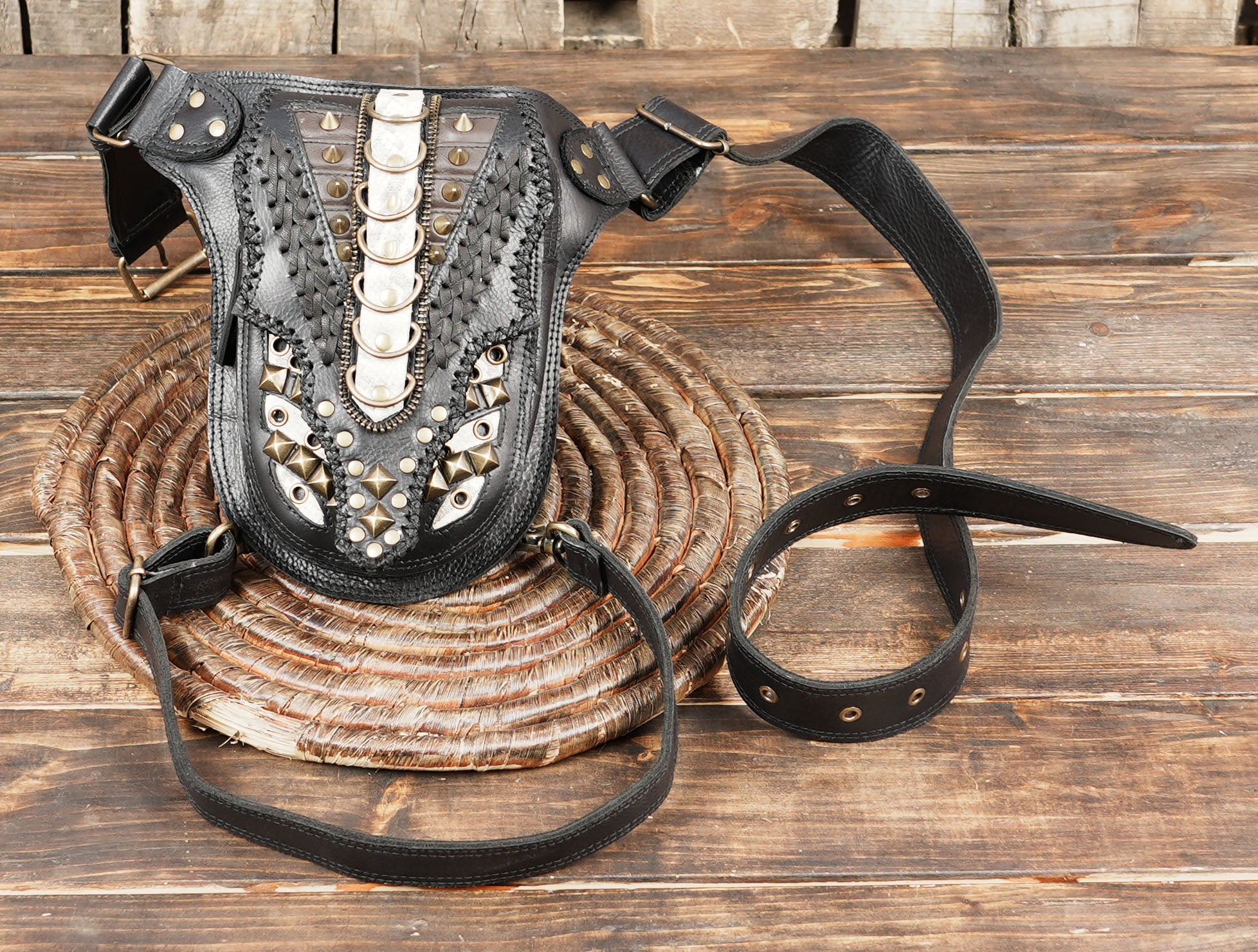 Handcrafted Leather Waist Thigh Belt with Studded Gothic Design || Statement Leather Waist Thigh Belt for Gothic and Festival Wear(LT-AB-WBTS-6001)