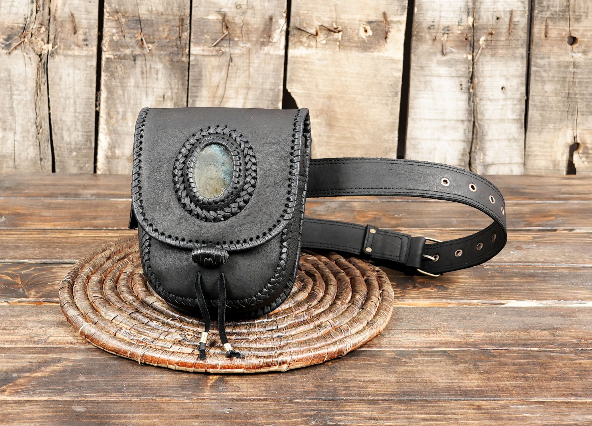 Buy Handmade Black Leather Belt Bag: Gemstone Fanny Pack with  unique pocket 