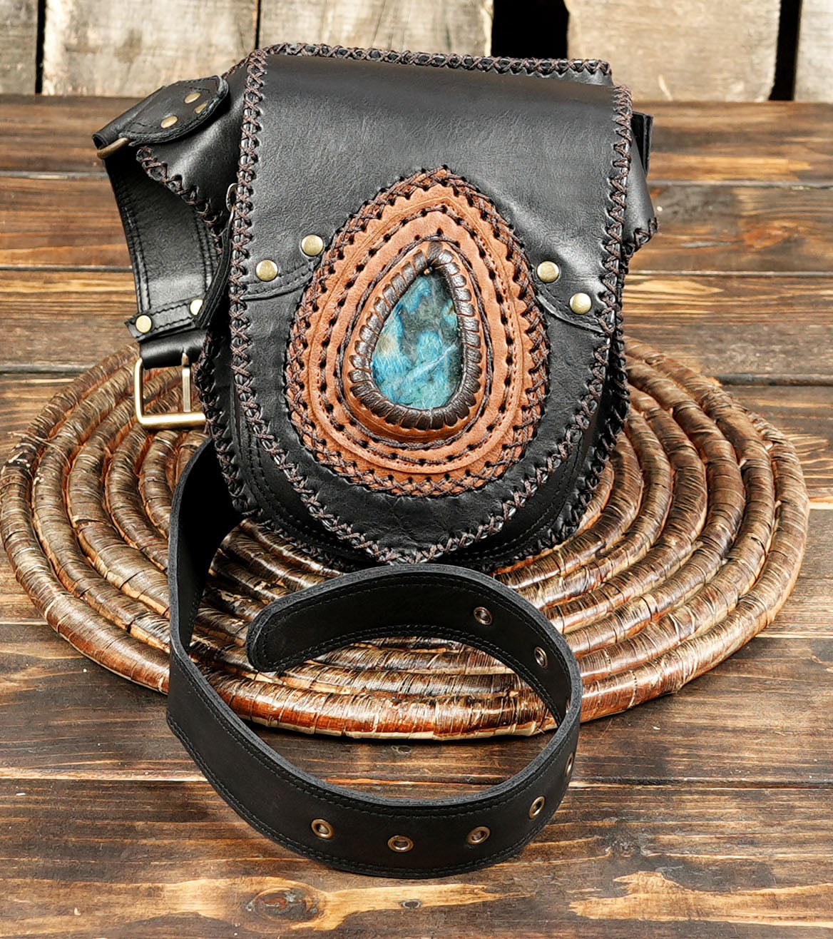 Buy Handmade Leather Waist Bag: Festival Hip Fanny Pack With Adjustable Belt Online in USA with stone 