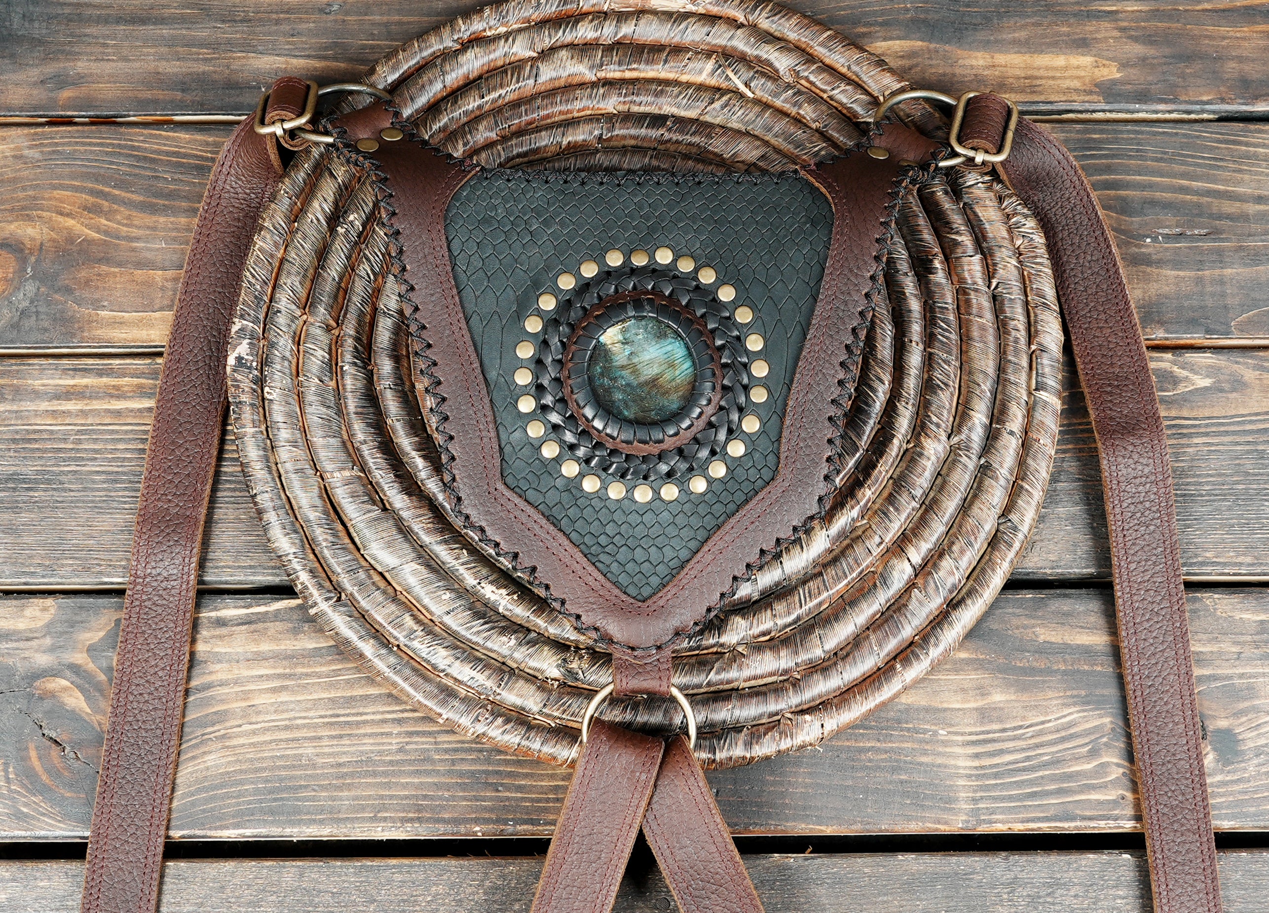 Handmade Leather Belt Holster with Dual Utility Pouches || Brown Leather Harness Holster Belt with Gemstone Detail (LT/AB/HLS/6122)