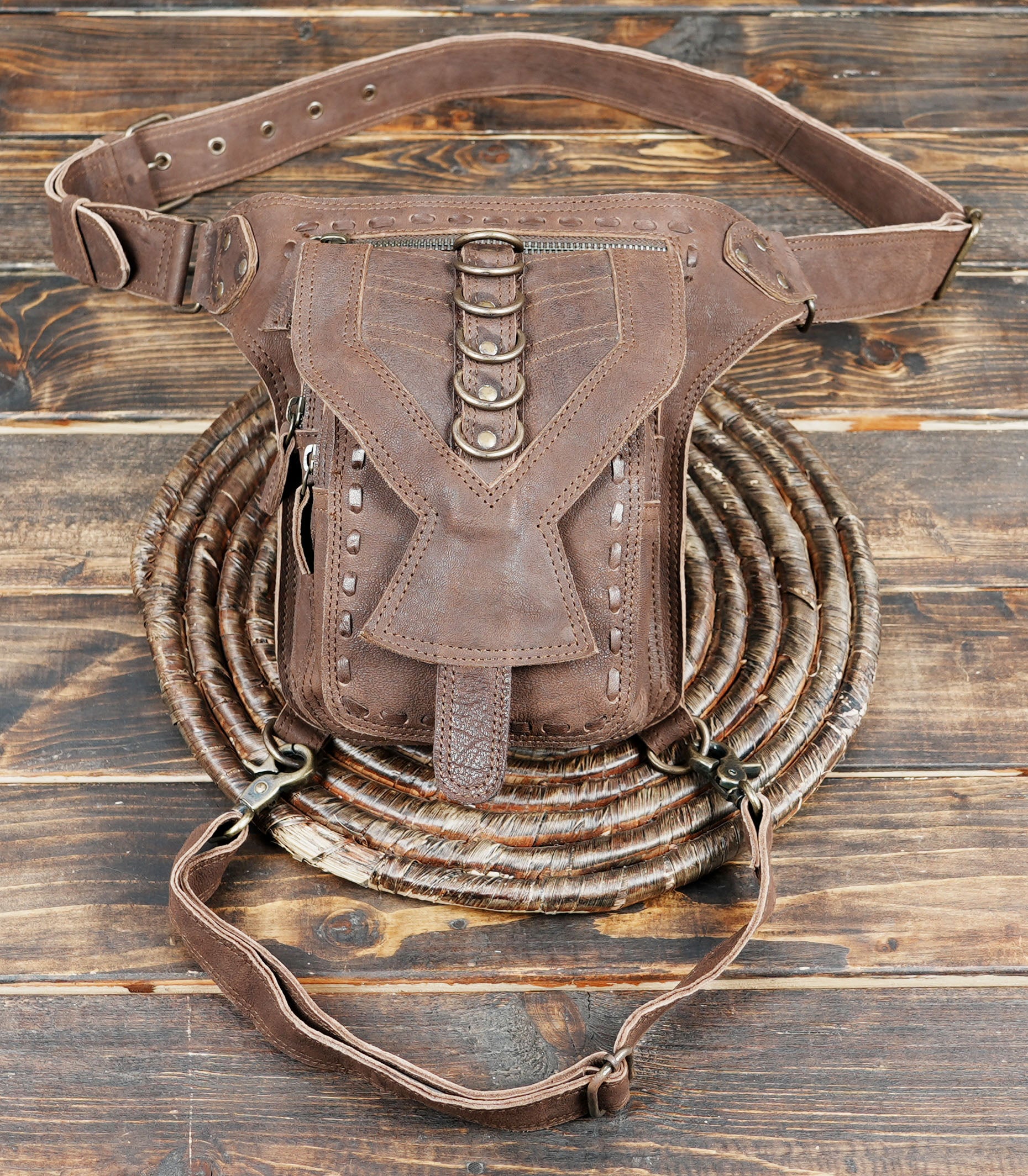 Handmade Leather Waist Thigh Belt with Front Utility Pouch || Steampunk Style Leather Waist Thigh Belt with Metal Rings (LT/AB/WBTS/6034)