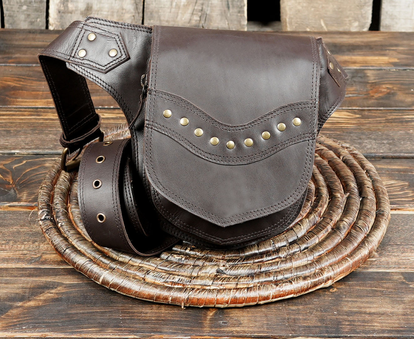Premium brown leather fanny pack with studded design