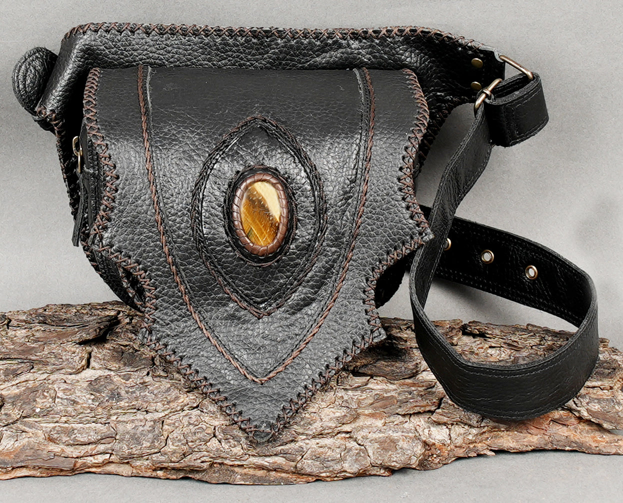 Unique handcrafted leather belt bag with gemstone inlay