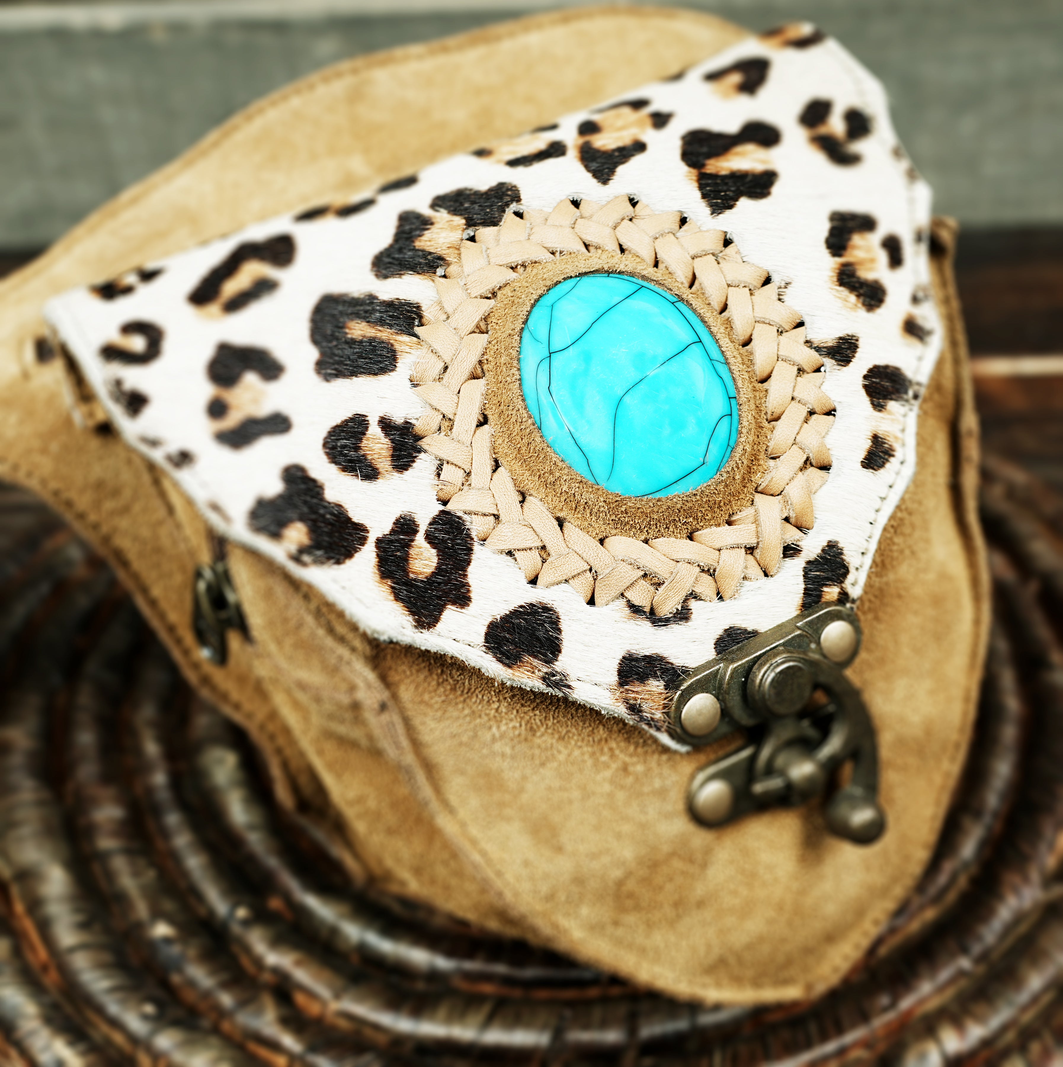 Festival suede leather waist belt with gemstone and clasp closure