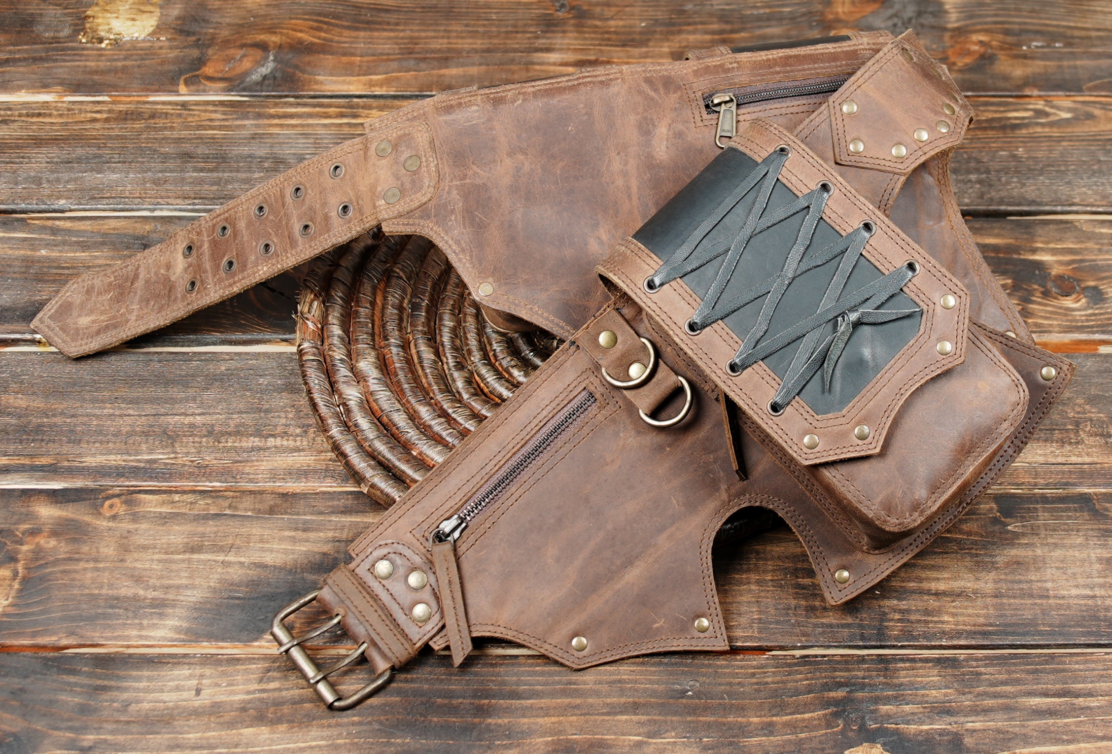 Adjustable Leather Waist Bag with Pouches – Gothic & Steampunk Fashion