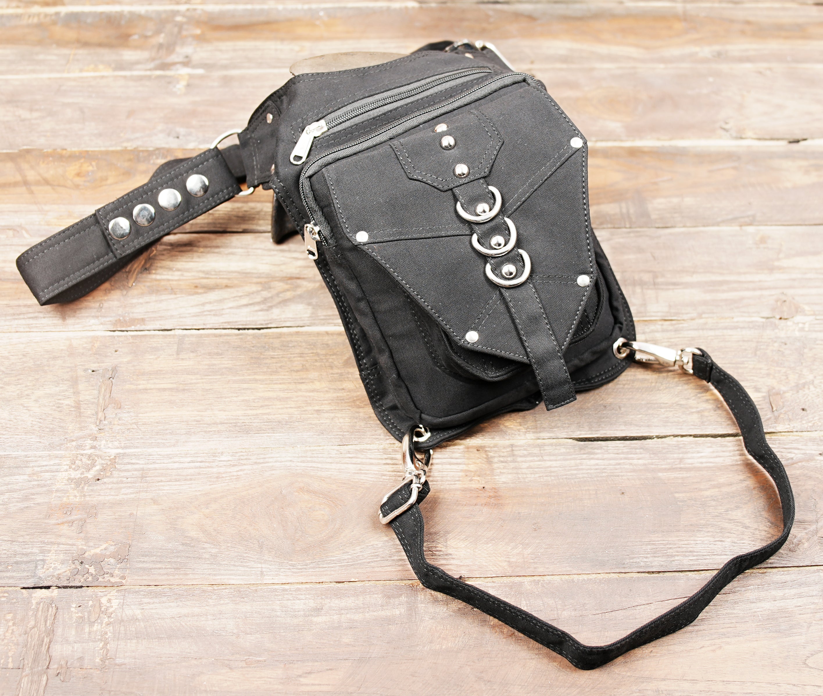 Gothic Thigh Pouch - Vegan Black Utility Belt Bag with Ring Detail