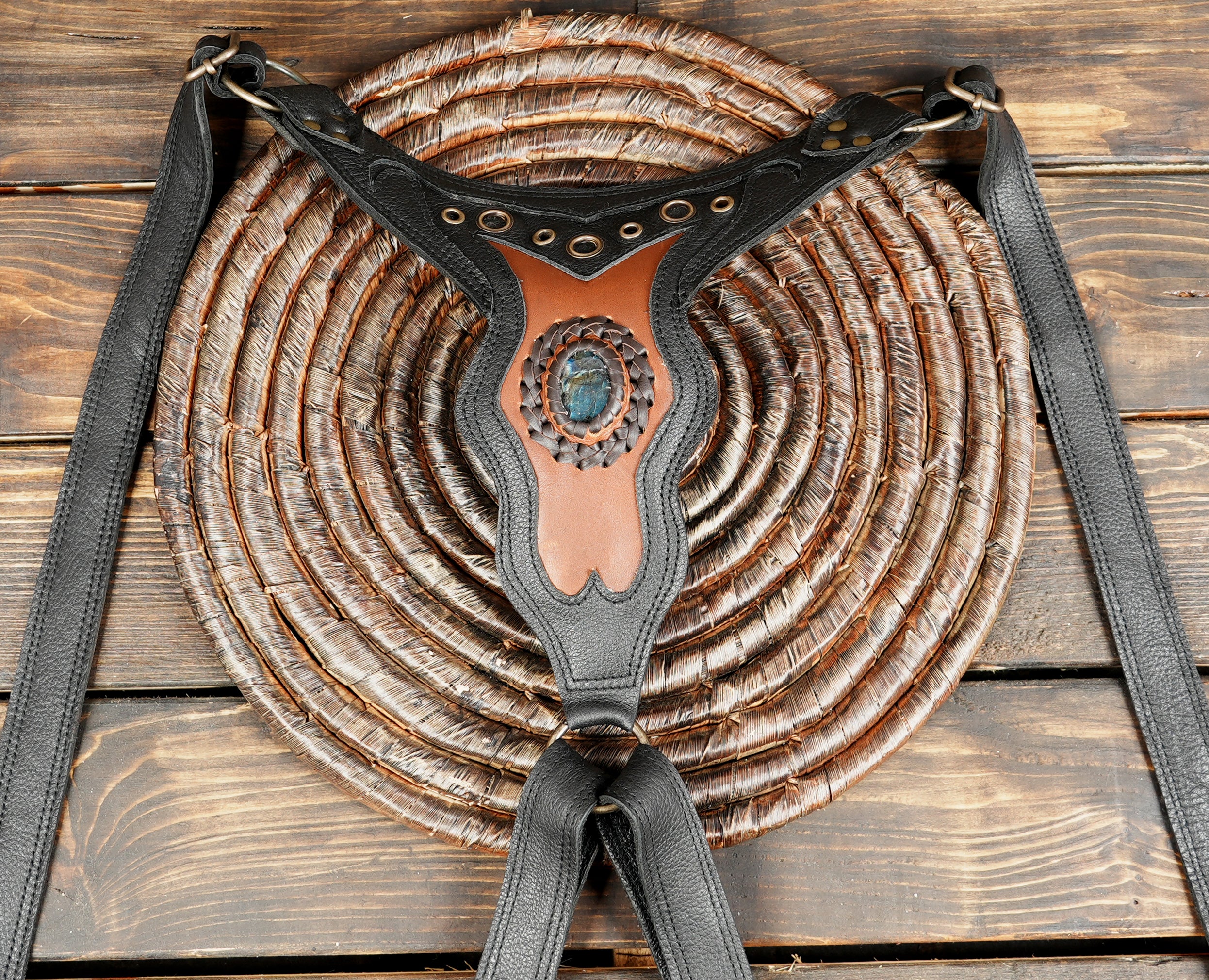 Boho style leather dual holster with gemstone and studs