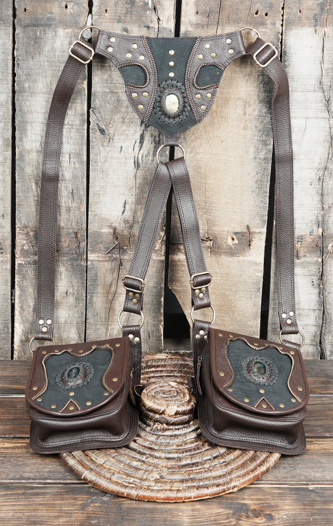 Cosplay leather shoulder harness with adjustable straps and metal hardware