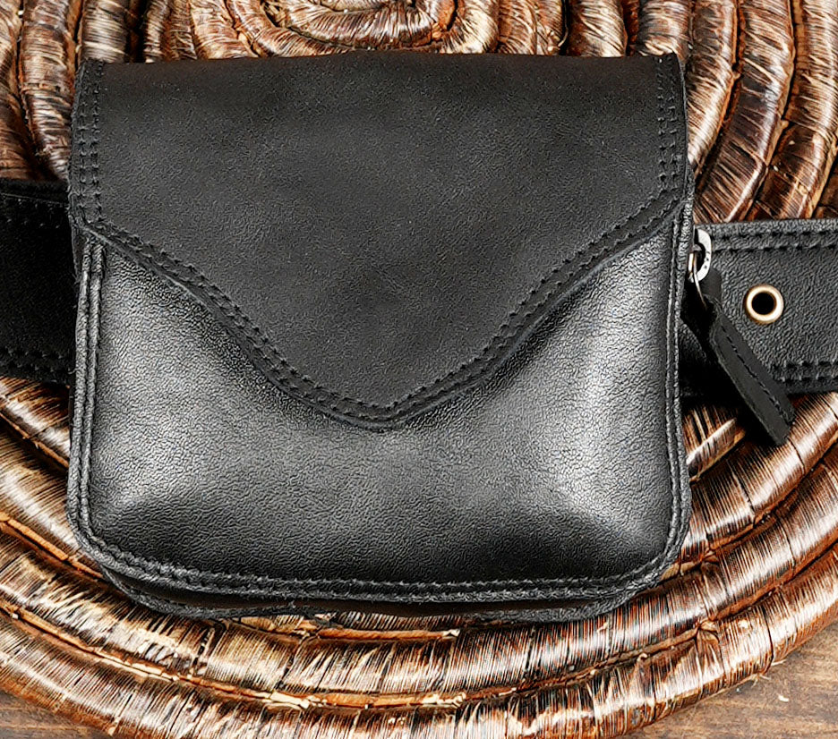 Artisan black leather hip bag with stone and brass studs