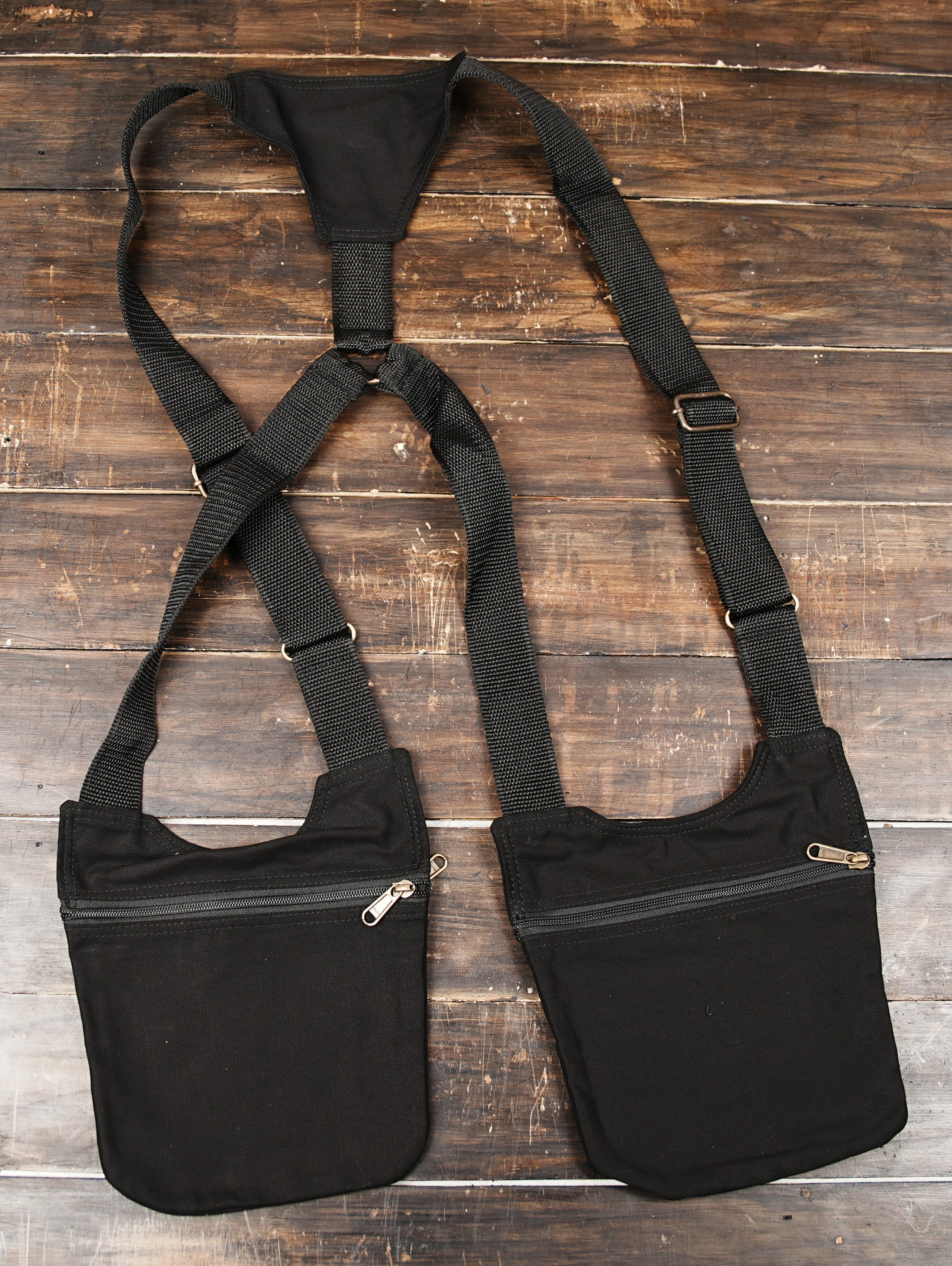 Festival utility harness made from durable black cotton fabric