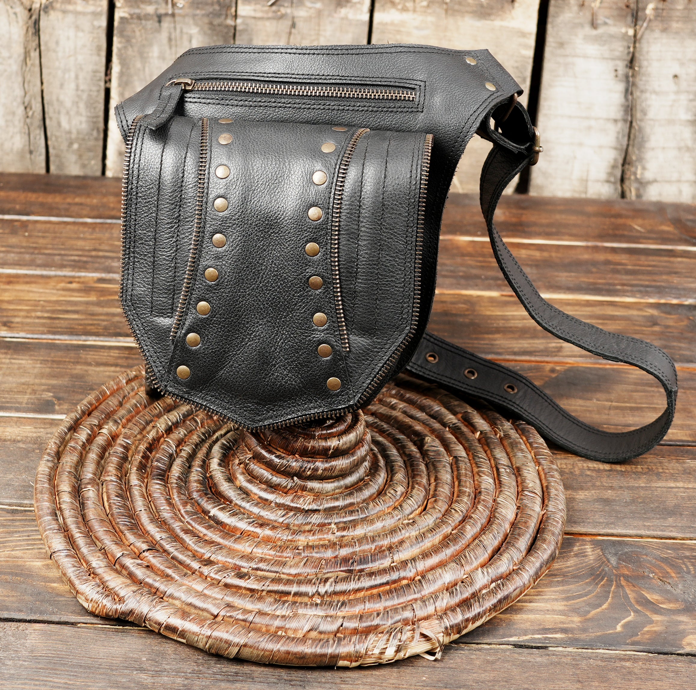 Handmade black leather hip pouch for festivals