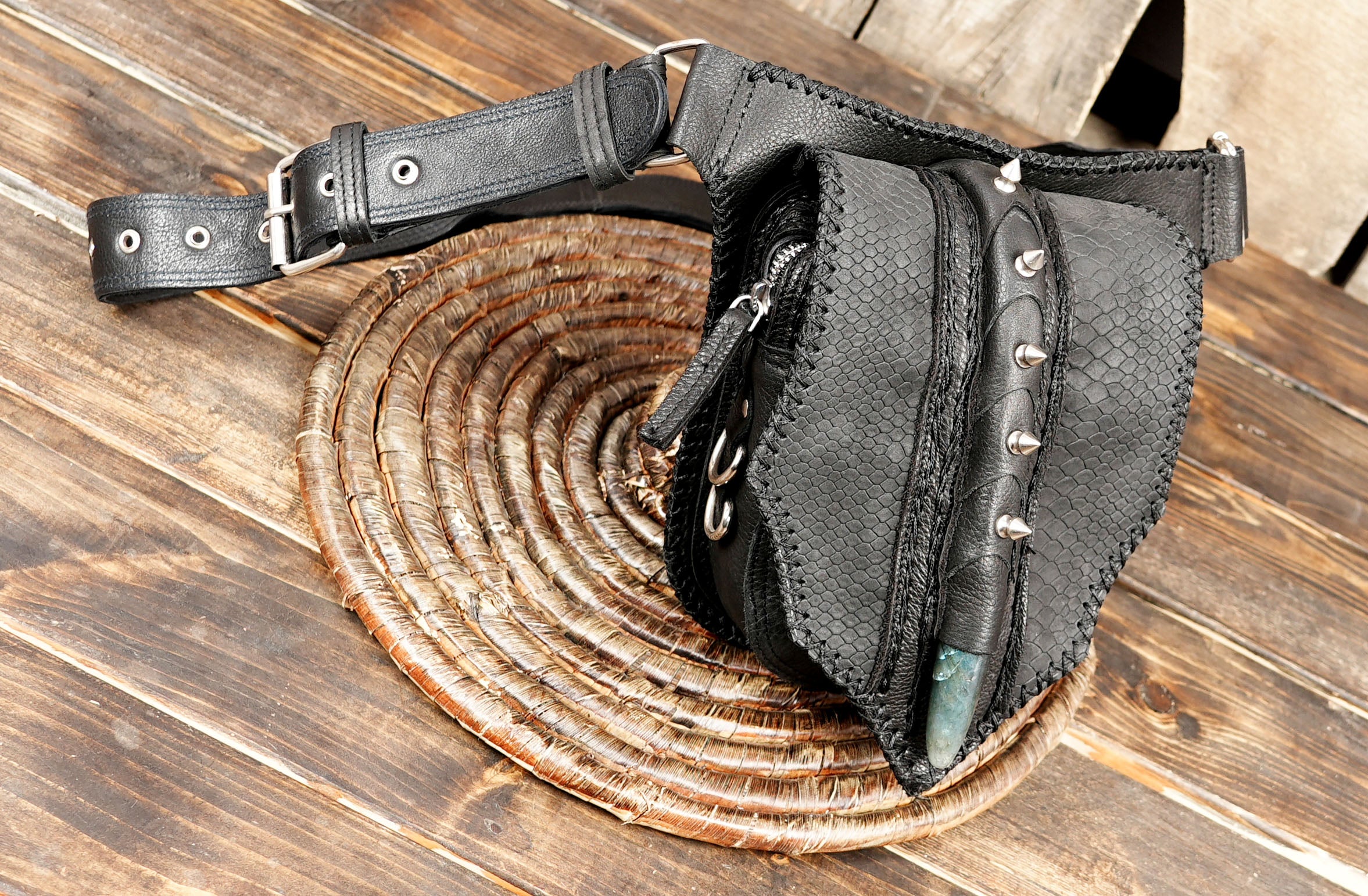 Handmade Black Leather Waist Belt with Studded Horn Accent || Black Leather Festival Waist Belt || Black Leather Utility Waist Belt (LT/NS/WB/6038)