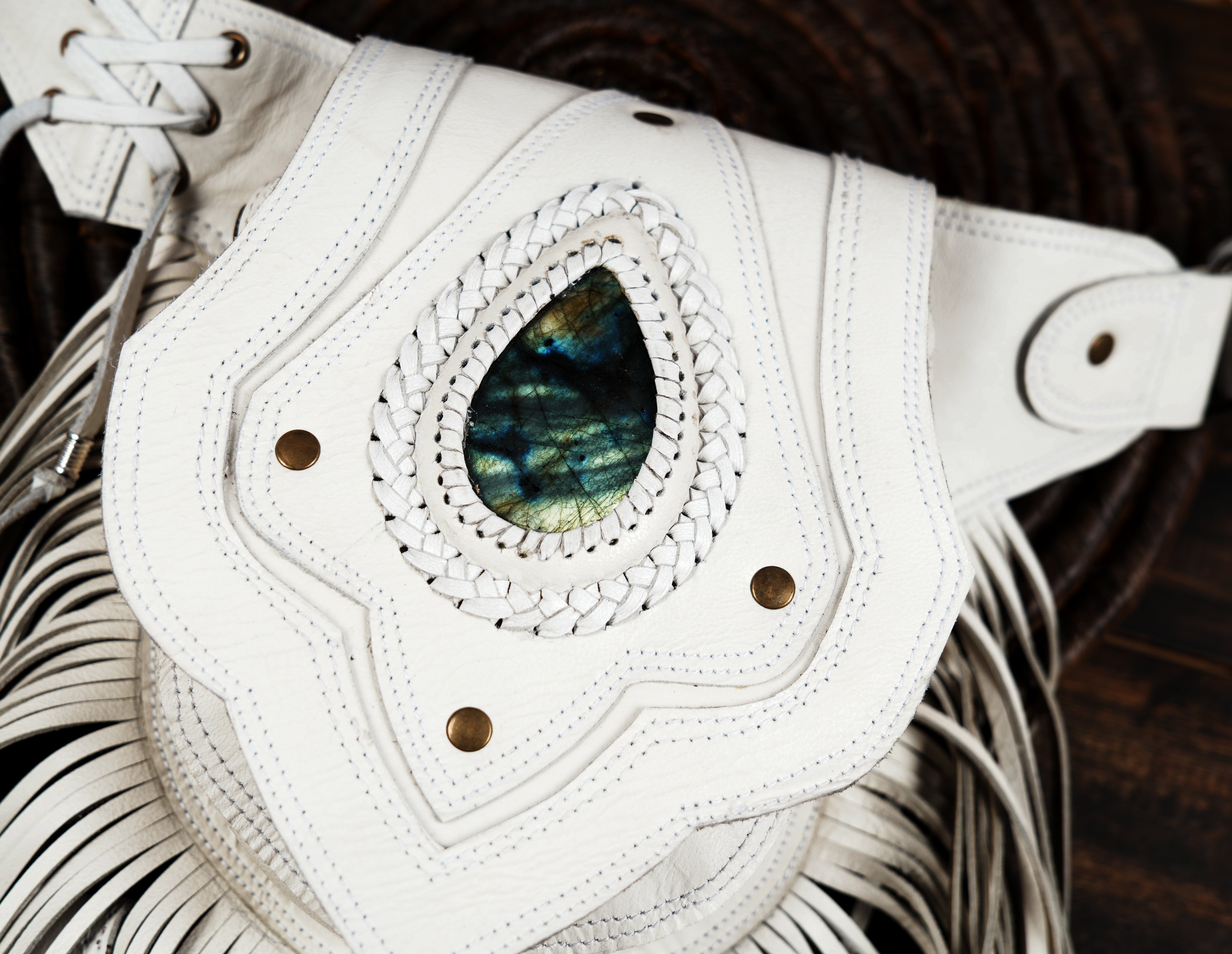 White leather hip bag with gemstone and adjustable belt strap